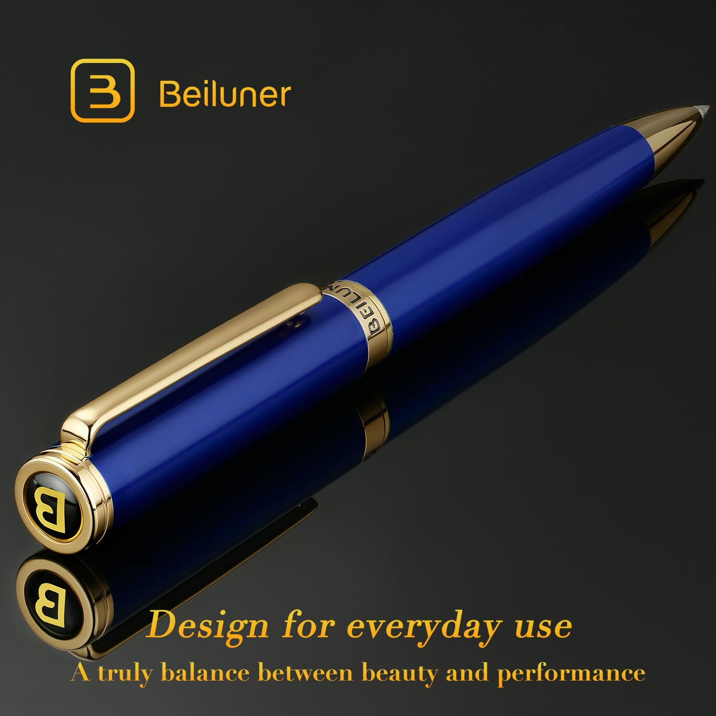 BEILUNER Blue Lacquer Gel Pen - Stunning Luxury Pen with 24K Gold Finish, ADMOK Black Refill, Executive Gift Set for Family & Friends, Writing, Fancy, Office, Retractable Pens