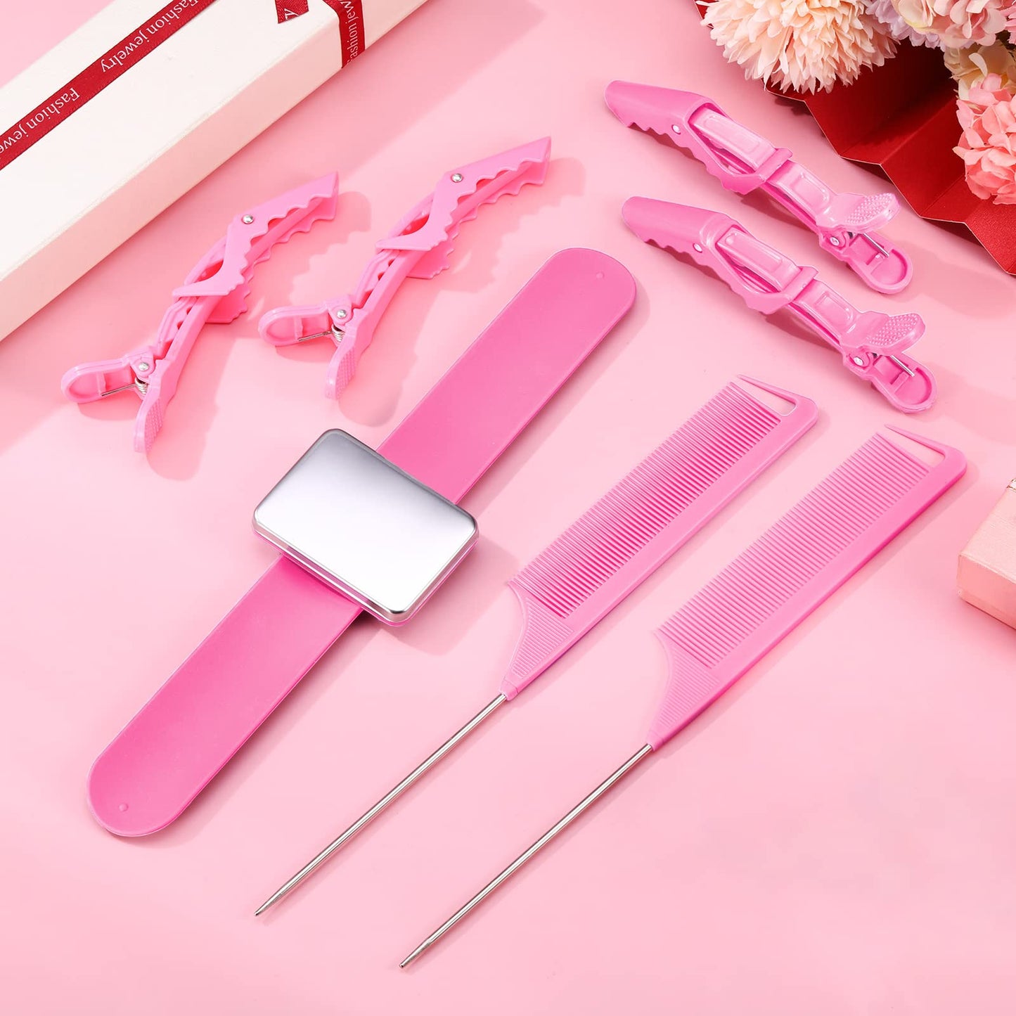 7 Pieces Hair Braiding Tools Magnetic Pin Wristband and 2 Pieces Stainless Steel Pintail Rat Tail Comb with 4 Wide Teeth Alligator Sectioning Hair Clip for Braid Tool Braid Maker(Pink)