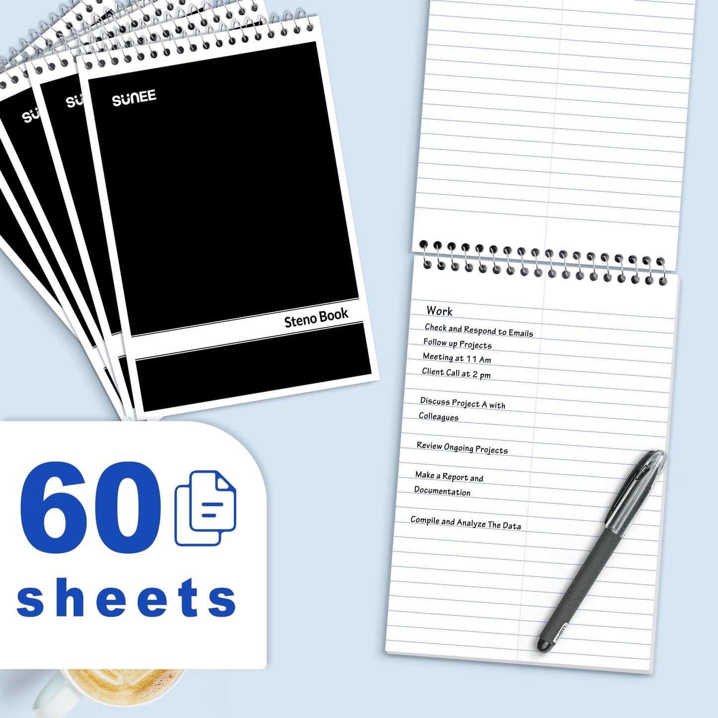 SUNEE 12 Pack Steno Pads 6x9, Gregg Rule, 60 Sheets, Spiral Notebook 6x9, White Paper, Take Notes with Top Spiral Notebook, for School, University, College, Work, Office, Black