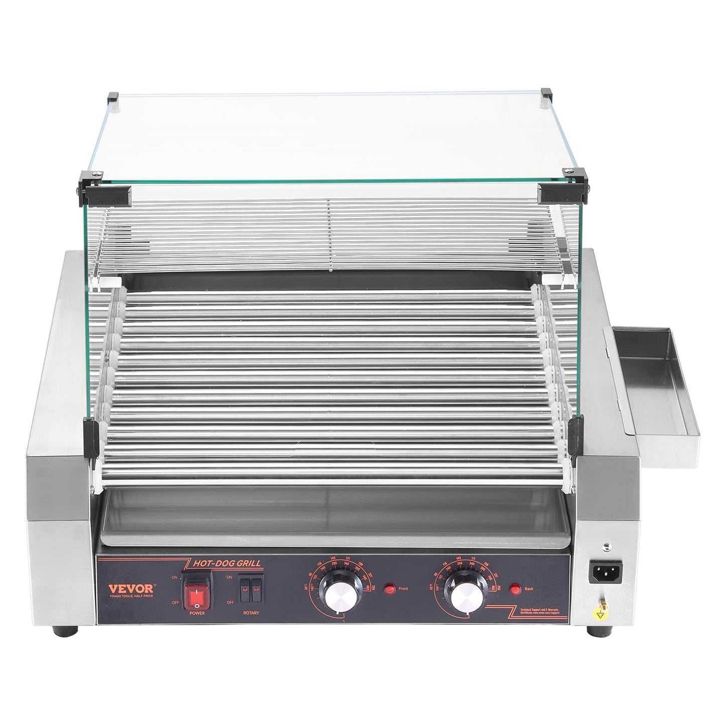 VEVOR Hot Dog Roller, 30 Hot Dog 11 Rollers, Stainless Steel Sausage Grill Cooker, 1600W Commercial Hot Dog Machine with Dual Temp Control, Cover, Side Storage Box, Removable Shelf & Oil Drip Tray