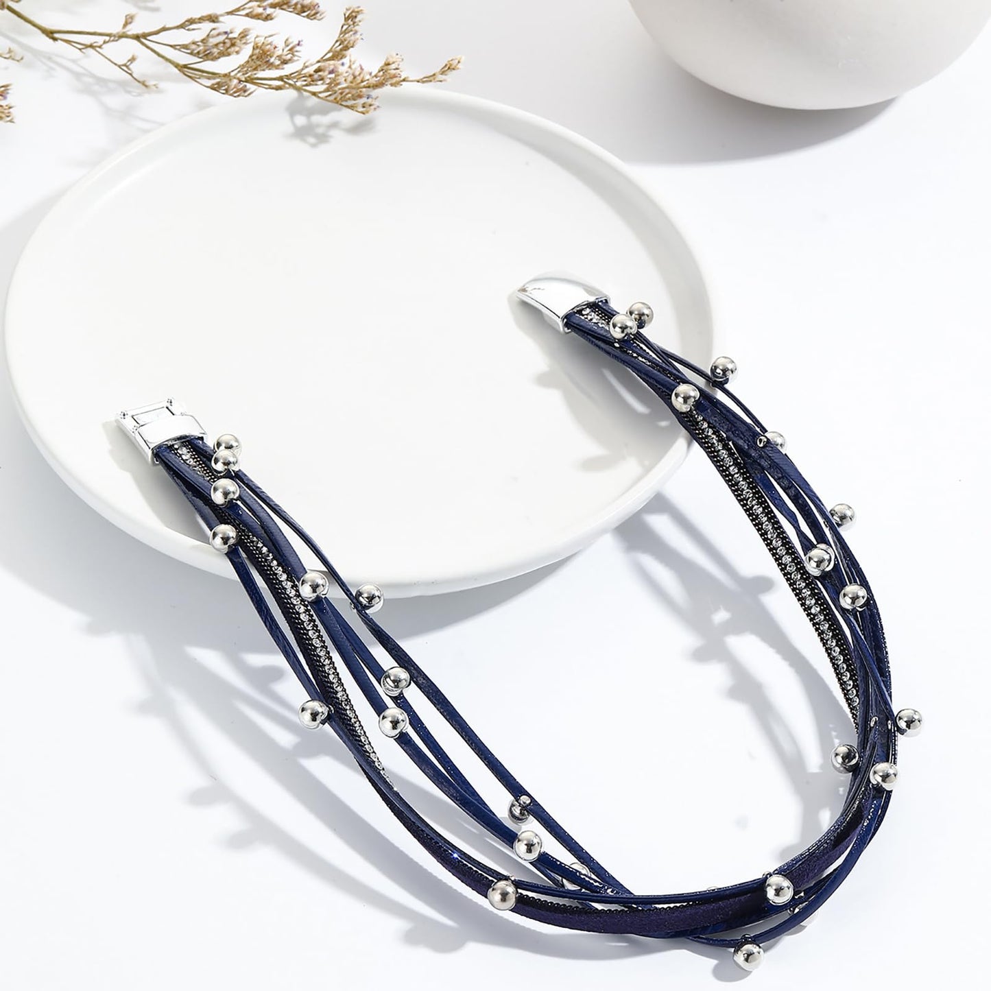 VIBILIA Boho Leather Wrap Bracelets for Women Trendy Multi-Layer Crystal Beads Cuff Bracelets with Strong Clasp Jewelry for Women-Blue