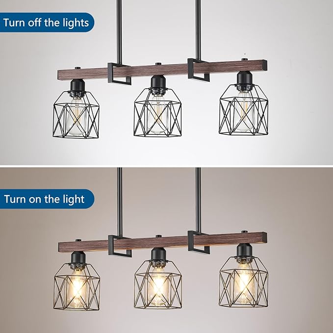 3-Light Vintage Industrial Pendant Light Over Table, Adjustable Hanging Light with Walnut Finish & Matte Black Metal Frame, E26 Base Modern Rustic Chandelier for Kitchen Island