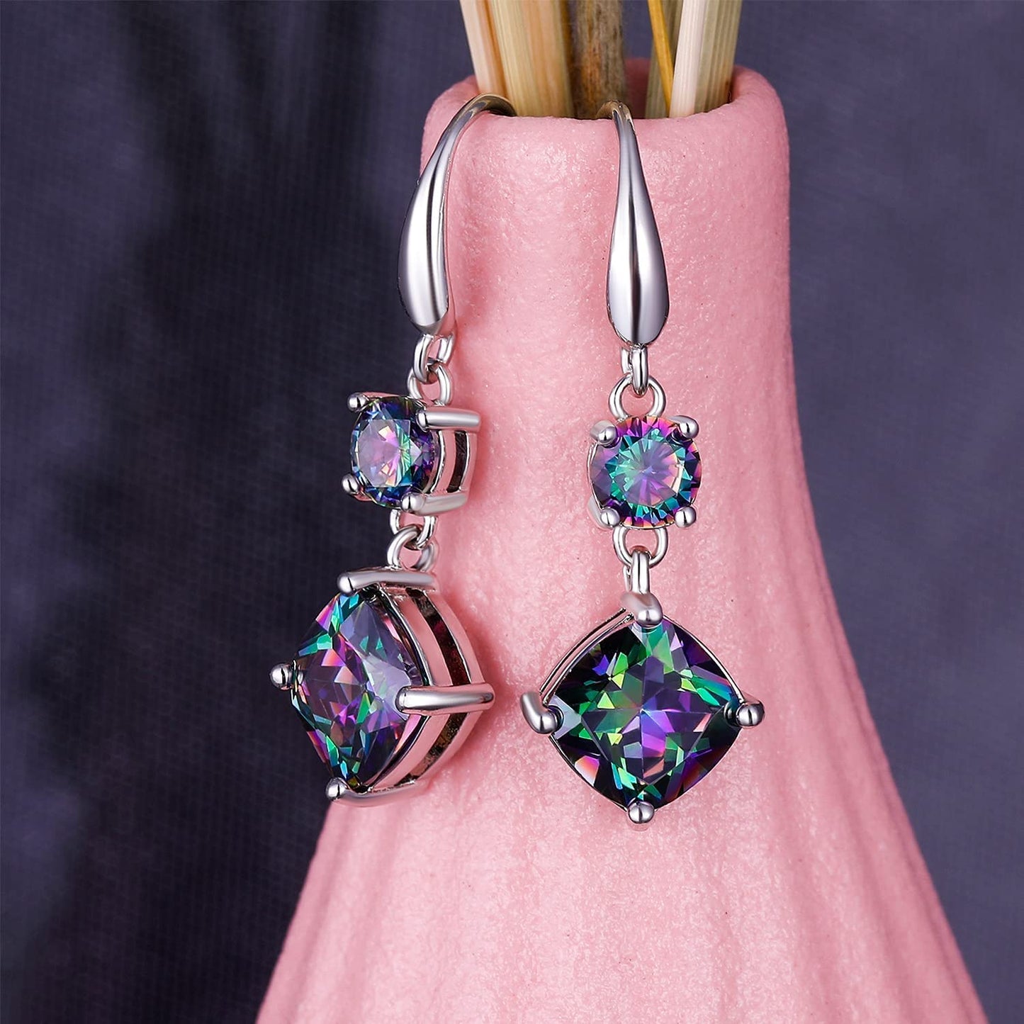 VOLUKA 18K White Gold Plated Created Rainbow Mystic Quartz Teardrop Pendant Necklace and Dangle Earrings Drops Jewelry Set for Women