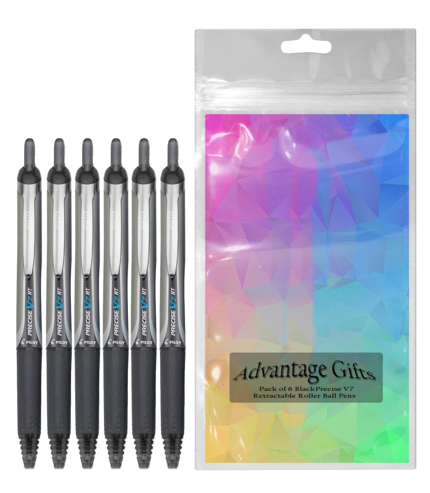 Advantage Gifts Precise V7 RT Retractable Rolling Ball Pens, Fine Point (.7mm), Black Ink, 6-pk; Premium Comfort Grip, Bundle with Plastic Reusable Pouch