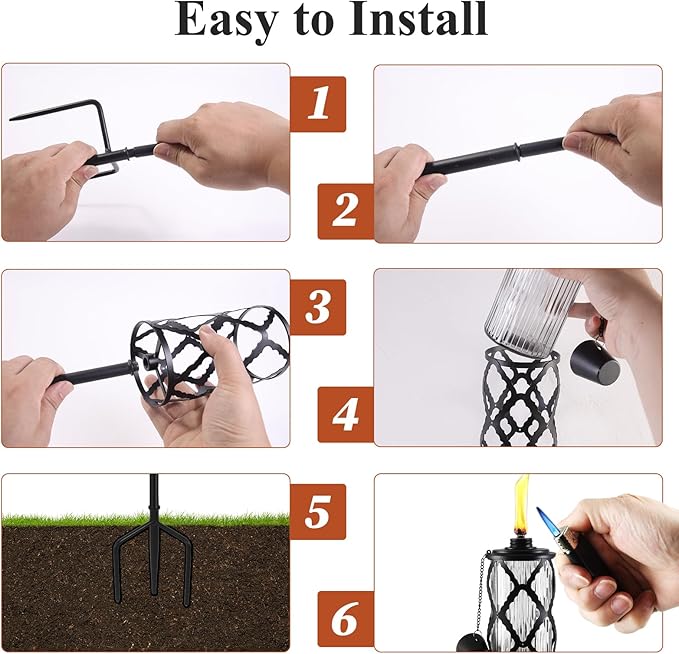 4 Pack Glass Citronella Torches, 16 oz Garden Torches for Outside, 55 inch Outdoor Clear Glass Citronella Torches with 3-Prong Grounded Stake for Garden, Patio, Party, Landscape Decor