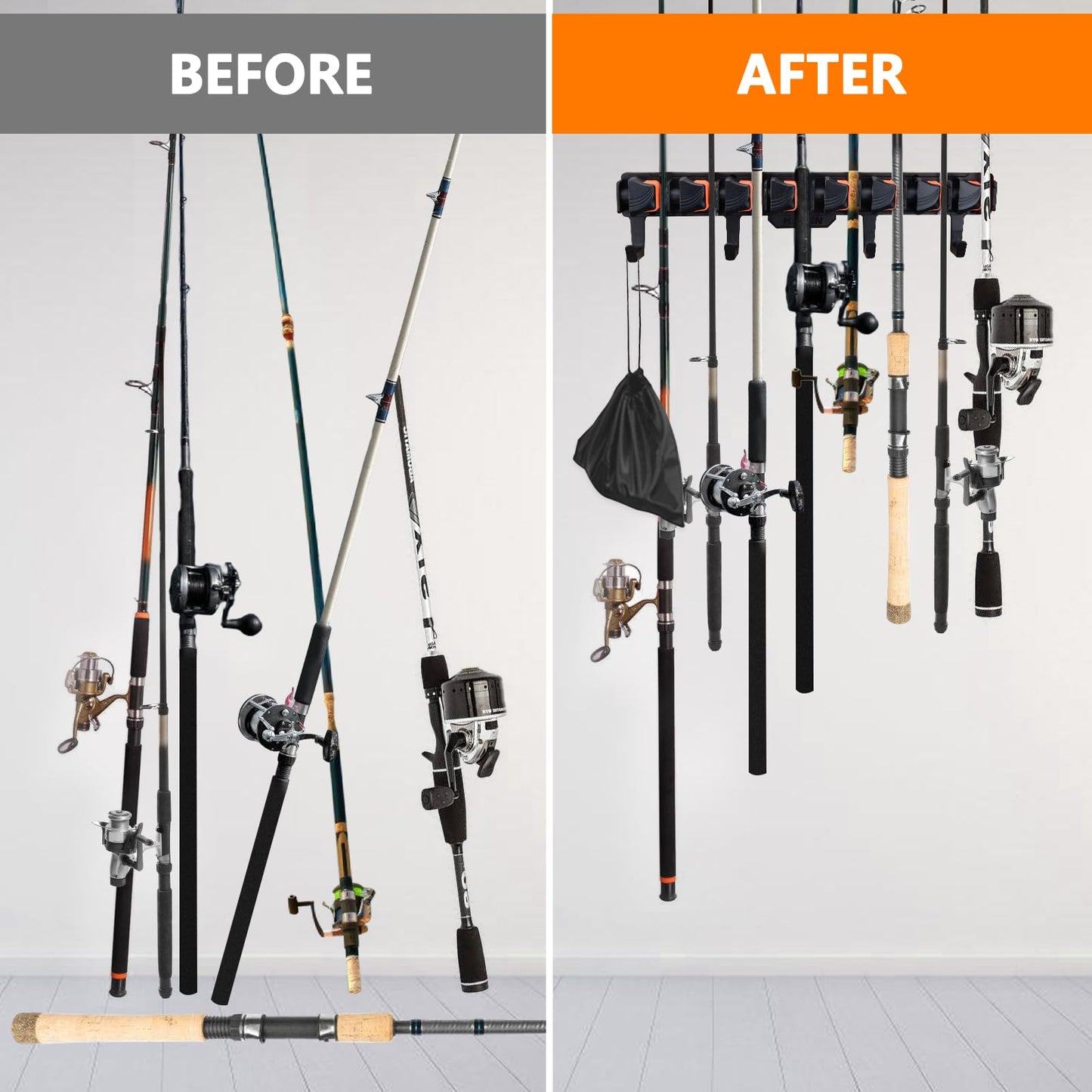 Hikeen Fishing Rod Holders, Wall Mounted Fishing Rod Rack, Fishing Pole Holder Holds Up to 8 Rods or Combos, Fishing Rod Holders for Garage with 4 Hooks, Fits Most Rods of Diameter 3-24mm(1Pack)