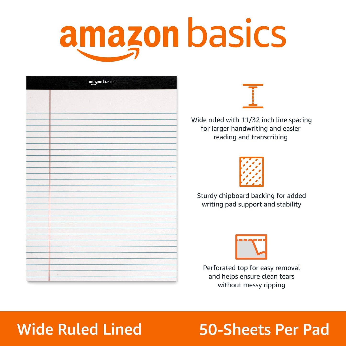 Amazon Basics Wide Ruled Lined Writing Note Pads for Office Supplies, 8.5" x 11.75", White, 12-Pack of 50 Perforated Sheets