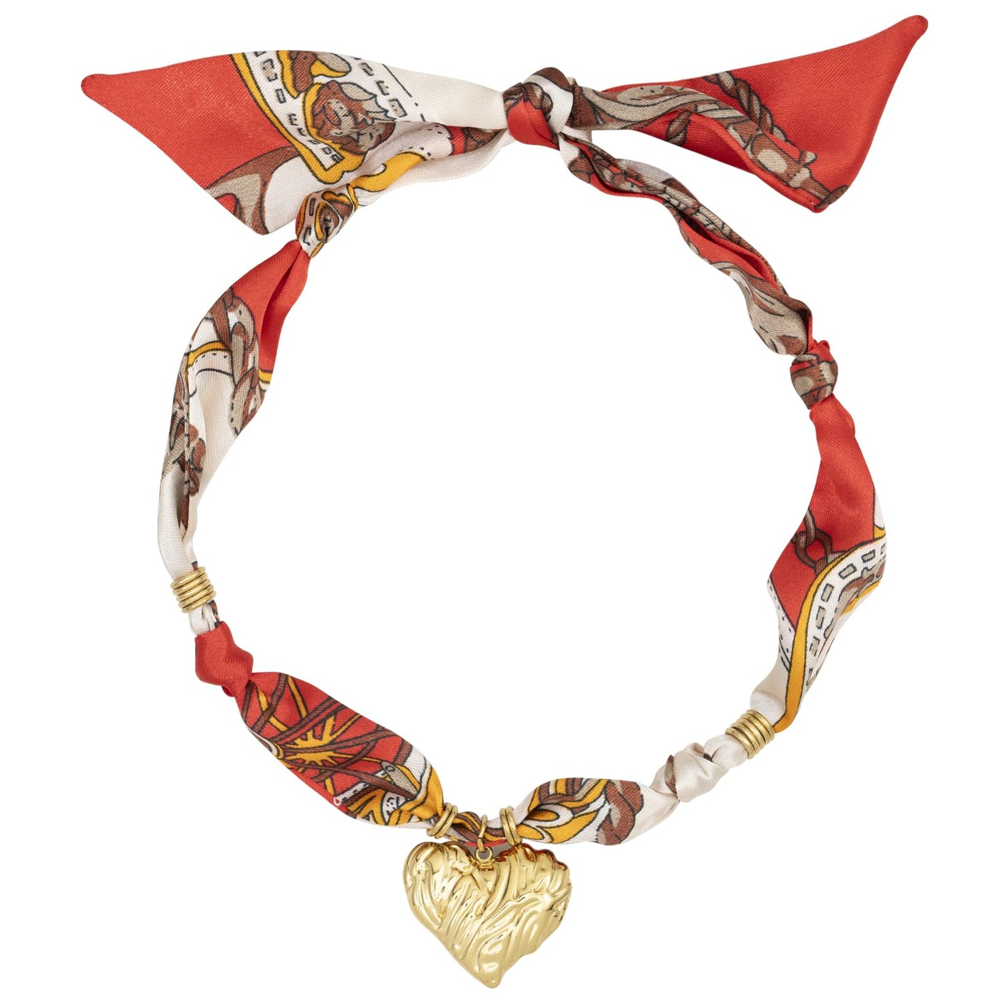 DoDoBeads Scarf Charm Necklace – Golden Heart – Red Vintage Scarf Necklace with Sculpted Stainless Steel Heart Pendant