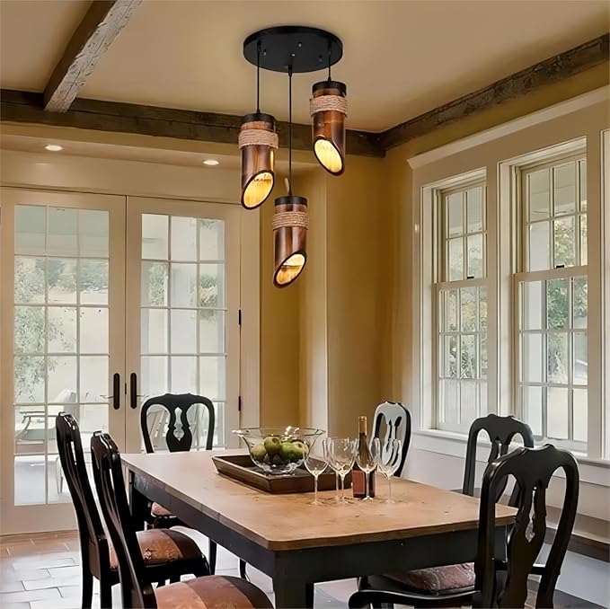 LIGHTLAND Rustic Bamboo Pendant Lights, 12 Inch, 3-Pack for Dining Room, Zen Tea Room, Retro Style