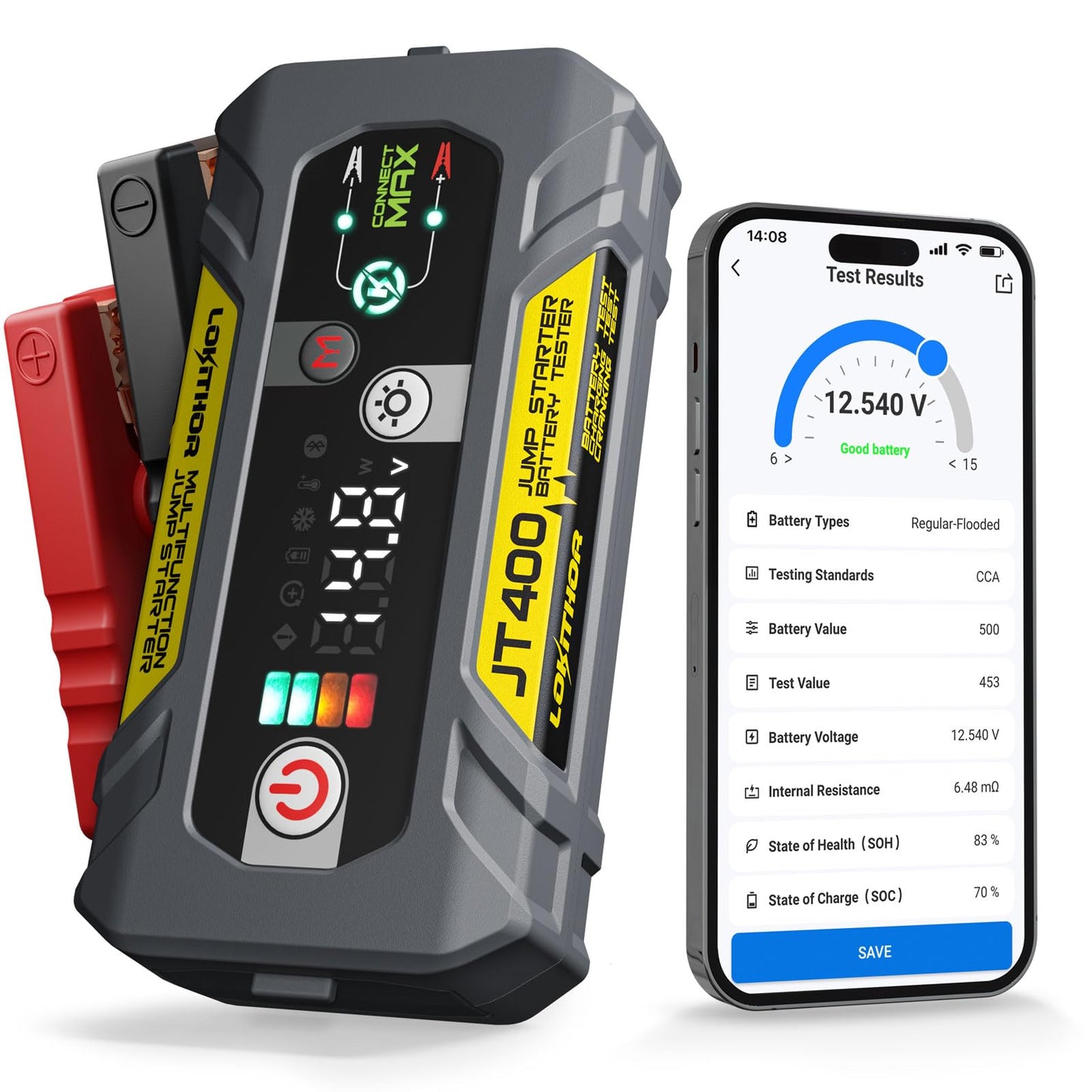 LOKITHOR JT400 12V Jump Starter and Battery Tester 2-in-1, 2500A Battery Jumper Starter Portable for Up to 8.5L Gas & 6.5L Diese