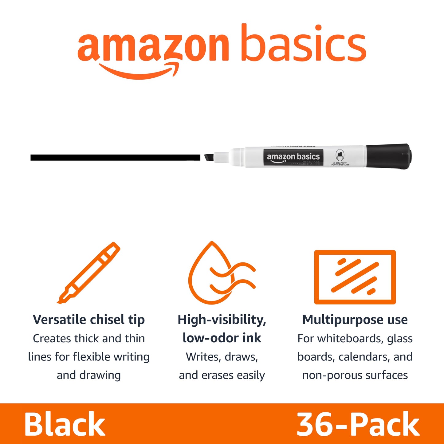 Amazon Basics Low-Odor Dry Erase Whiteboard Markers, Chisel Tip, Quick-Dry, Black, 36-Pack