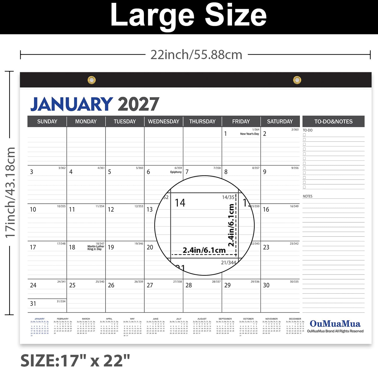 OuMuaMua Large Desk Calendar 2026-2027 - 19 Months from Jun. 2026 through Dec. 2027, 22 x 17 Inches Desktop Wall Calendar with Julian Date To-do & Notes, Corner Protectors for School Home Office