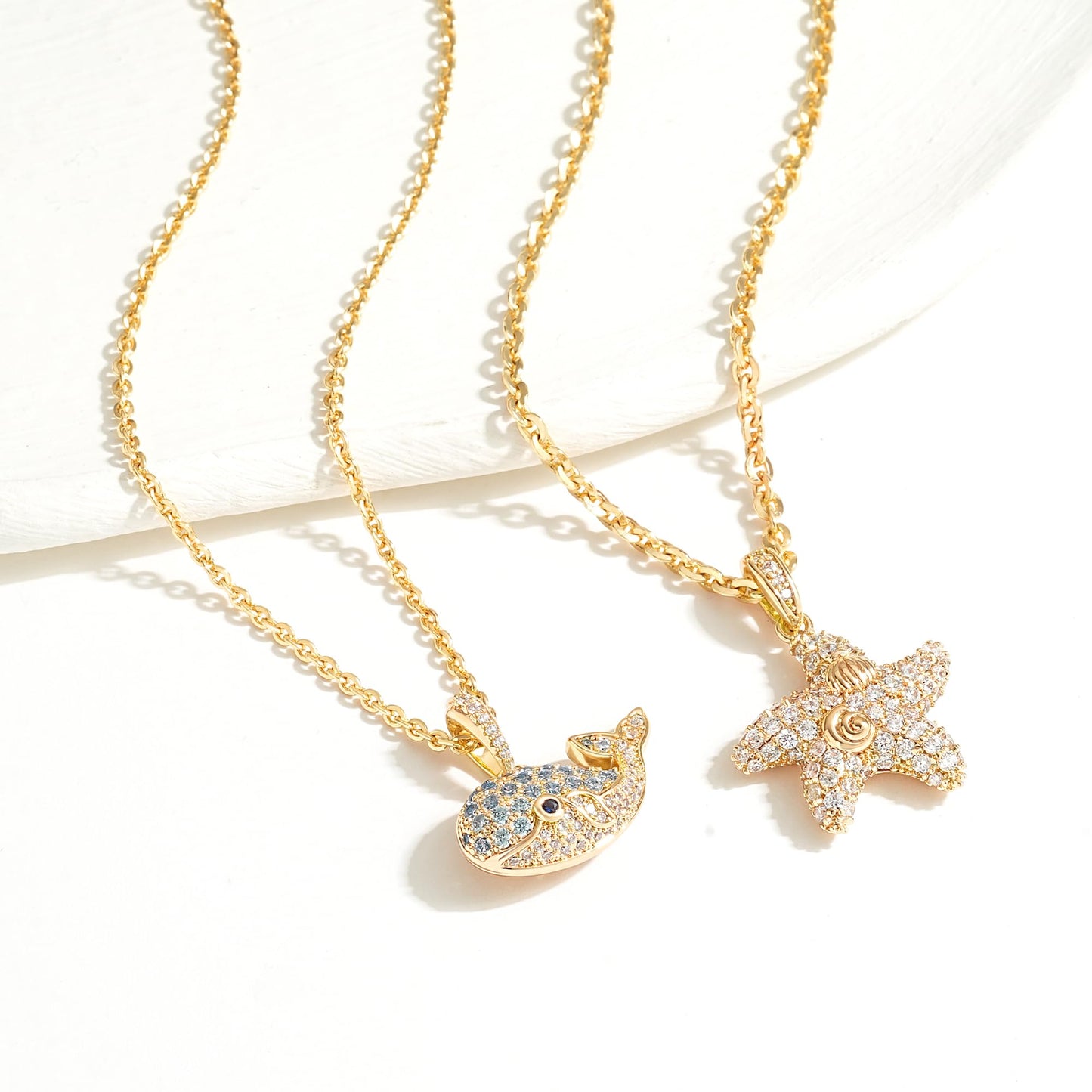 MTMY Gold Starfish Necklace 14K Gold Plated Shell Conch Ocean Pendant Necklace for Women Beach Summer Jewelry (cz wave starfish)