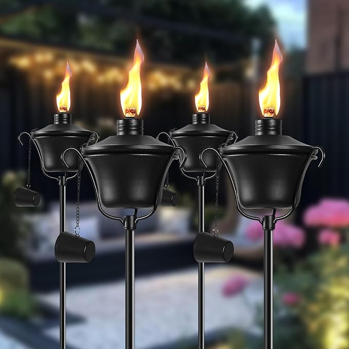 4 Pack Outdoor Garden Torch, 15 oz Outdoor Citronella Torches, 58 Inch 5-Prong Grounded Stake Torches, Metal Torches with Fiberglass Wick for Yard, Patio, Deck, Garden, Party, Landscape