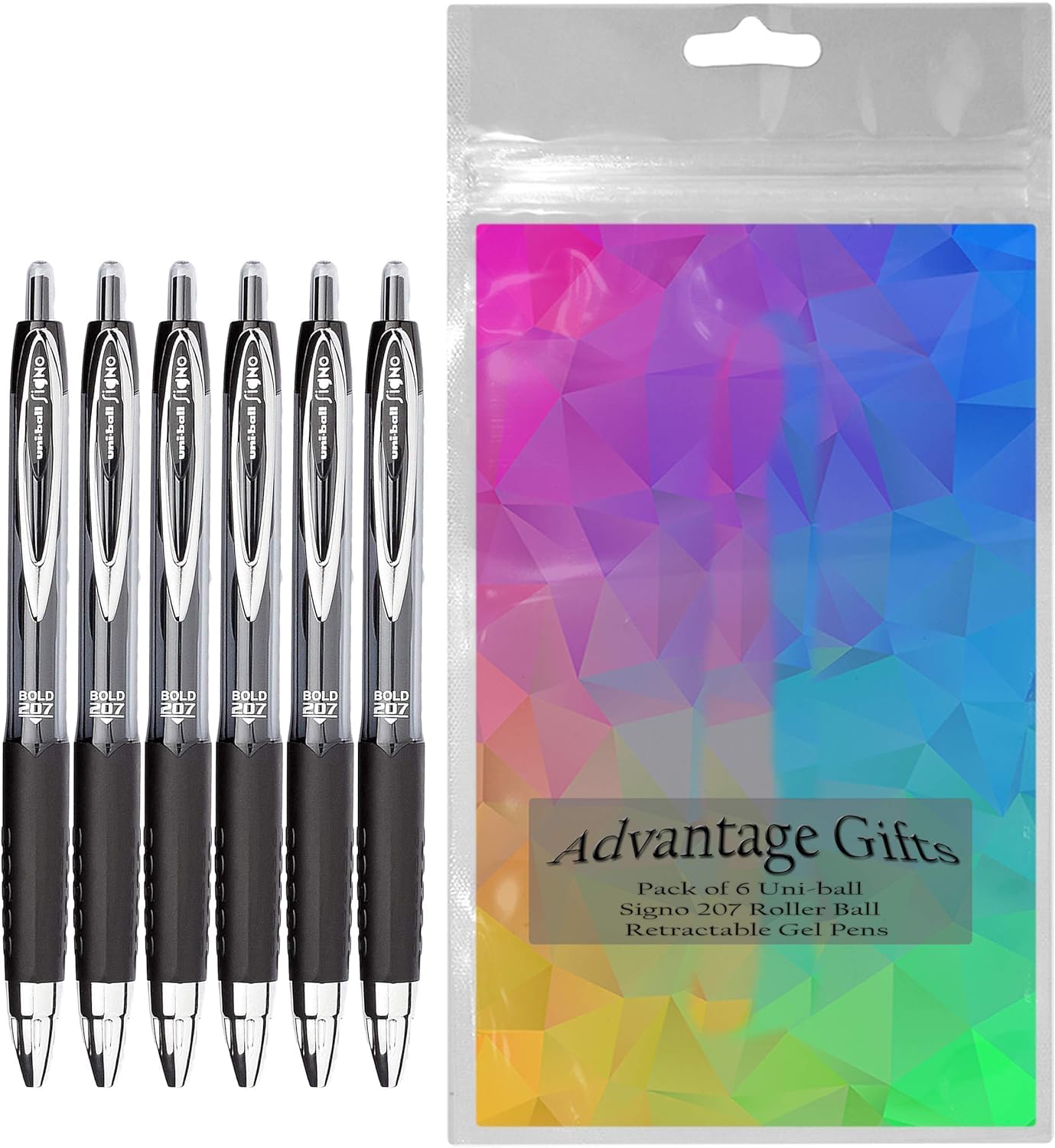 Advantage Gifts Signo 207 Roller Ball Retractable Gel Pens, Bold Point (1.0mm), Black Ink, 6 Count, Bundle with Plastic Reusable Pouch