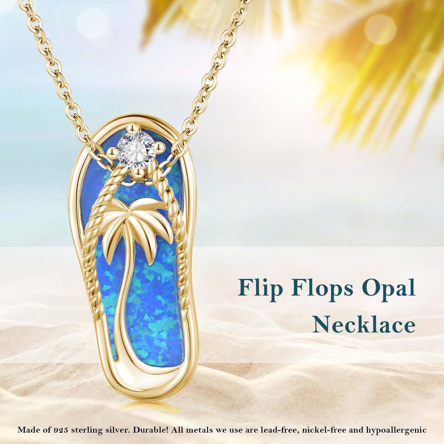 Midir&Etain Flip Flop Necklace 925 Sterling Silver 14K Gold Plated Palm Tree Pendant Beach Blue Opal Necklace Flip-Flop Opal Jewelry for Women