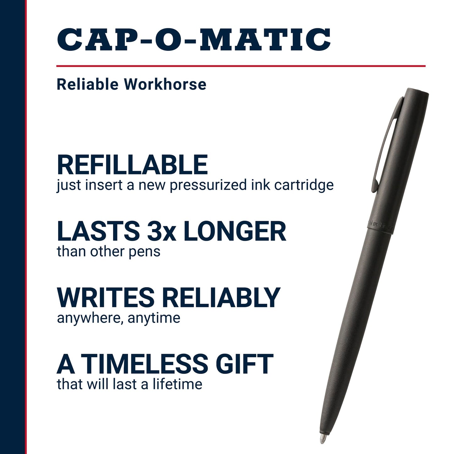 Fisher Space Pen Military Cap-O-Matic Pen, Pressurized Ballpoint Pen, Writes Upside Down and in Extreme Temperatures, Black Ink, Medium Point, Pocket Clip, Made in the USA