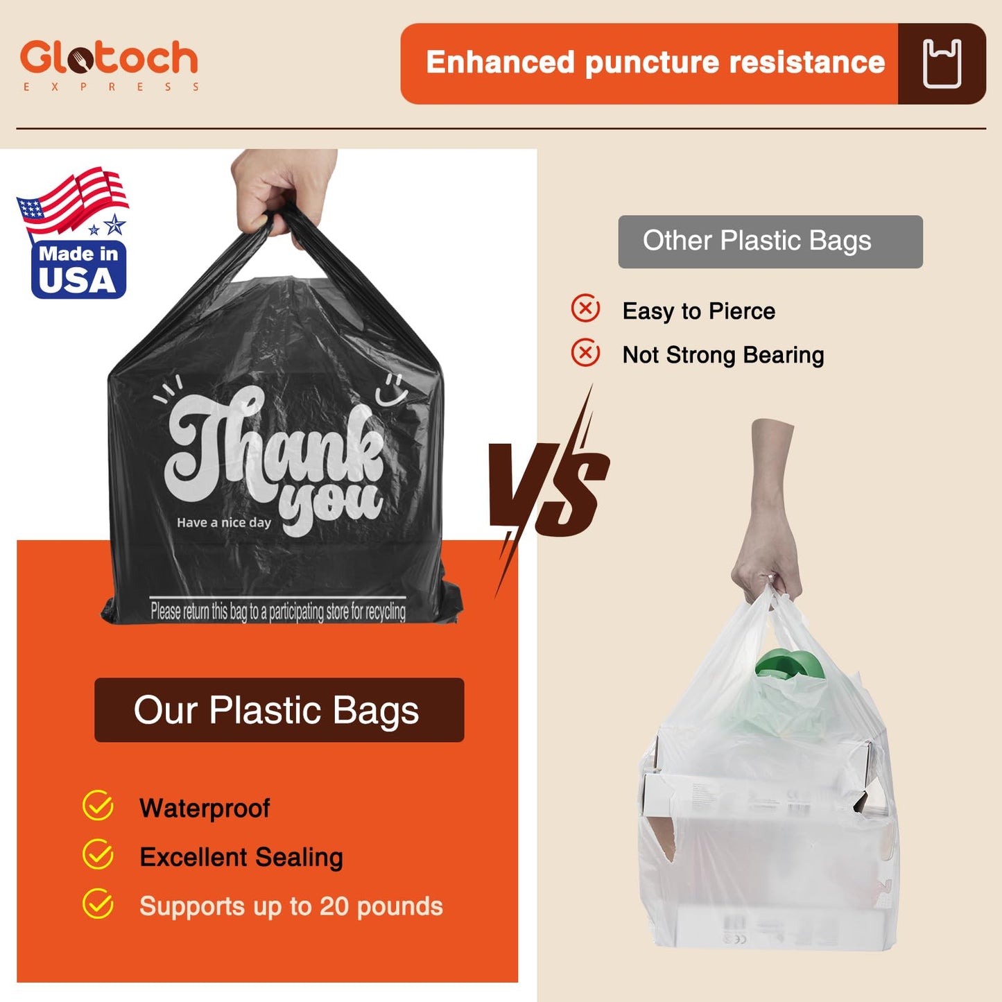 Glotoch 2000 Count - Black Plastic Grocery Shopping Thank You Bags for Small Business, Plastic T-shirt Bags with Handles for Restaurant, Retail, Takeout, Stores,To Go, in Bulk