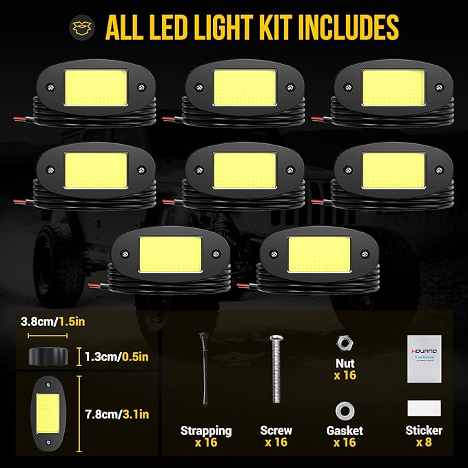 8 Pods COB White Rock Lights, 120 COB Chips 6500K Pure White Super Bright Neon Underglow, IP68 Waterproof Shockproof Off-Road Light Kit for Pickup Trucks, SUV, UTV, ATV, RZR, Cars & Boats