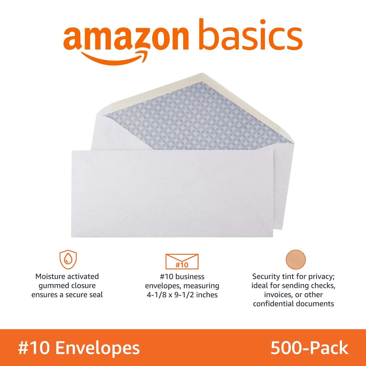 Amazon Basics #10 Security Tinted Business Envelopes for Documents and Invoices, Quality Seal, 4-1/8" x 9-1/2", White, Pack of 500