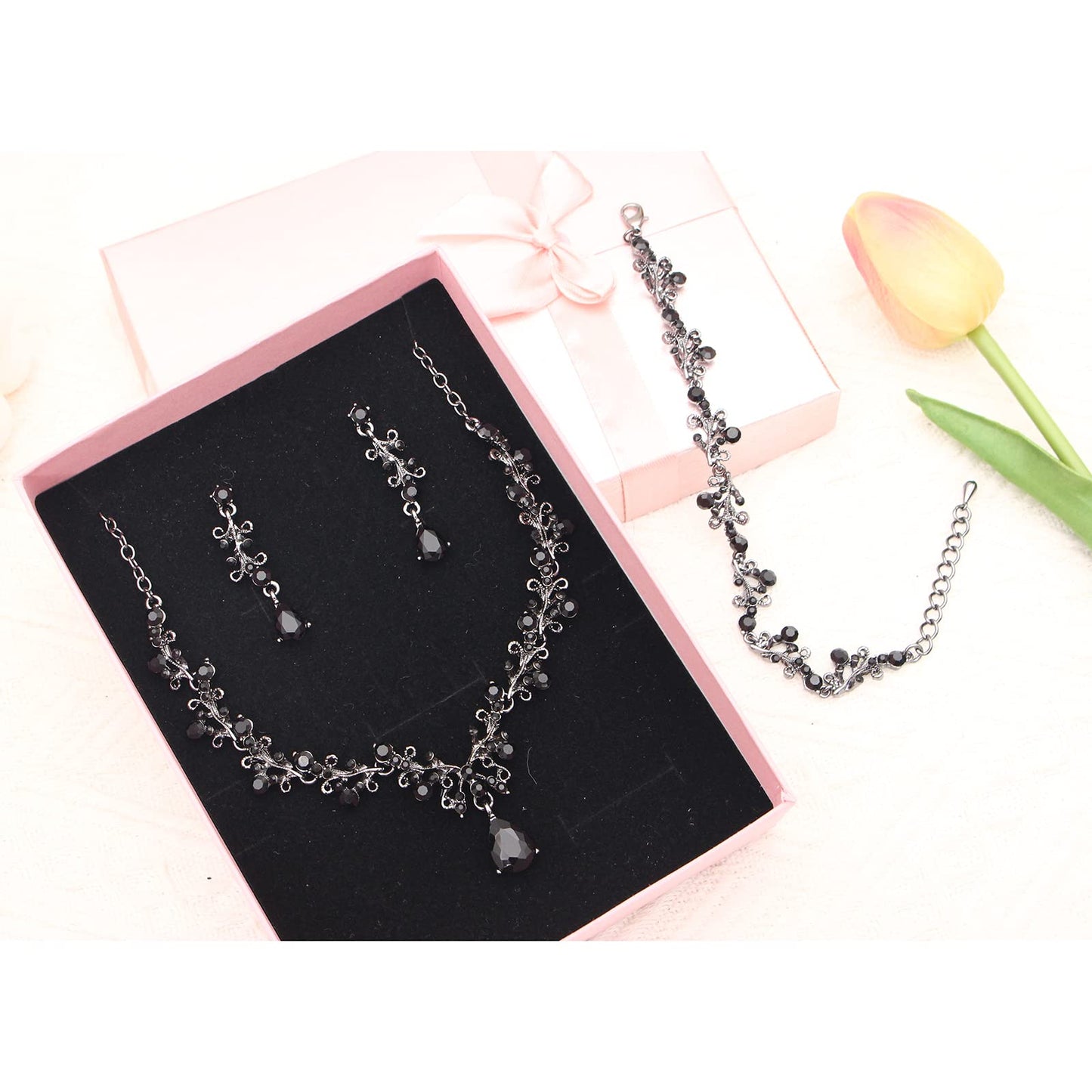 3Pcs Austrian Crystal Jewelry Set for Women, Necklace Dangle Earrings Link Bracelet Jewelry Set with Gold/Platinum/Gun Plated, Wedding Party Jewelry for Bridal Bridesmaid (Black-Gun Black)