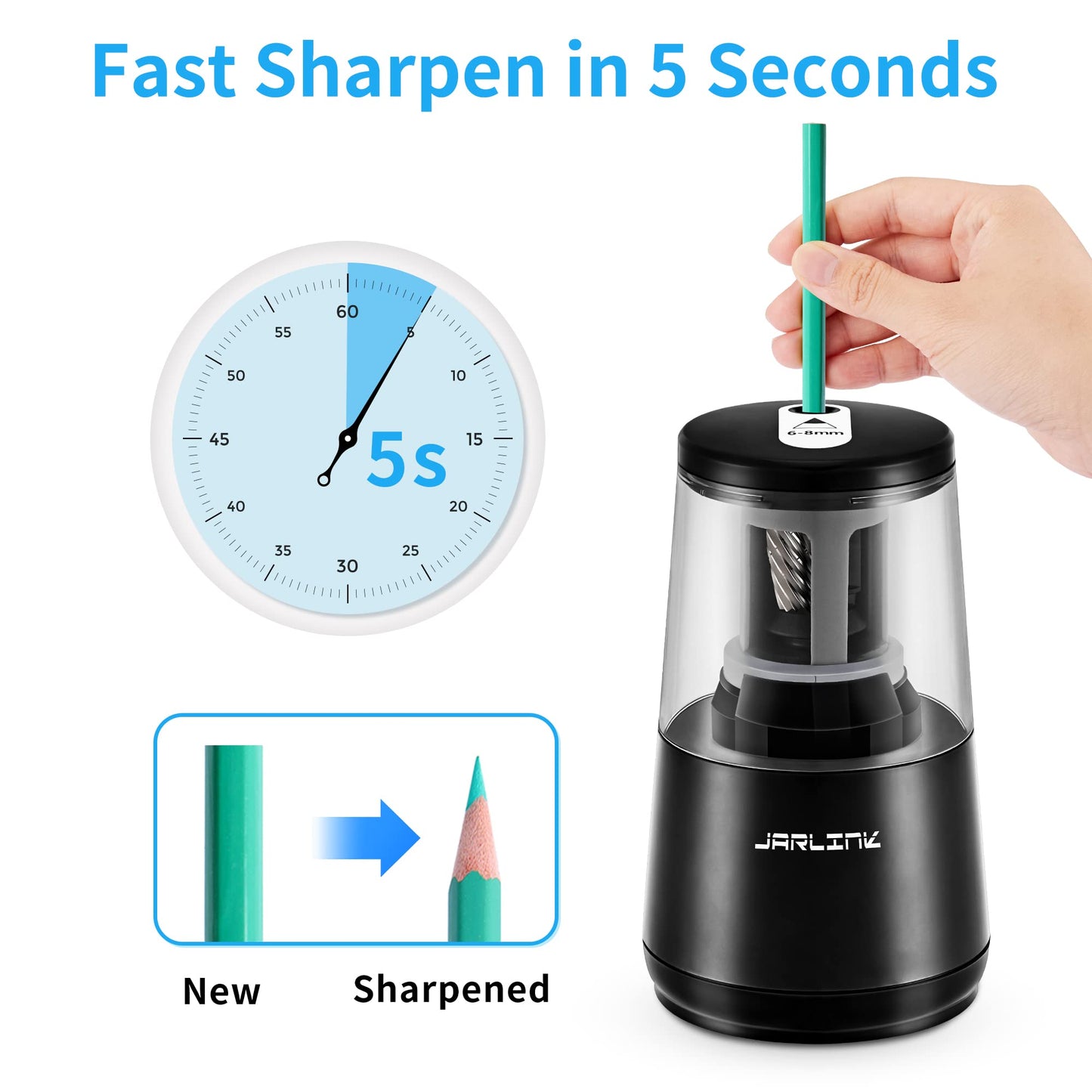 JARLINK Electric Pencil Sharpener, Heavy-Duty Helical Blade to Fast Sharpen, Auto Stop for No.2/Colored Pencils(6-8mm), AC Adapter/Battery Operated in School Classroom/Office/Home (Black)