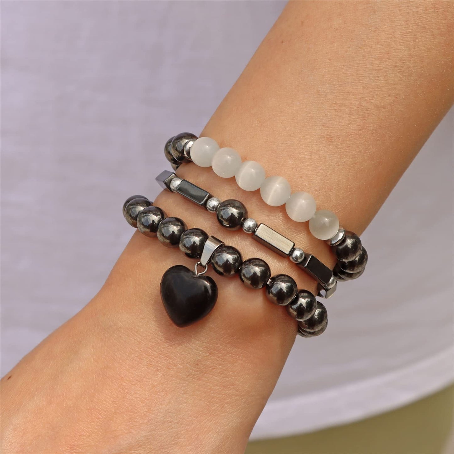 Vinswet Healing Crystal Beaded Bracelets for Women,Natural Hematite Moonstone Gemstones Bracelet,Anxiety Stress Relief Heart Charm Bracelet Handmade Black Jewelry Gifts for Women (3pcs)
