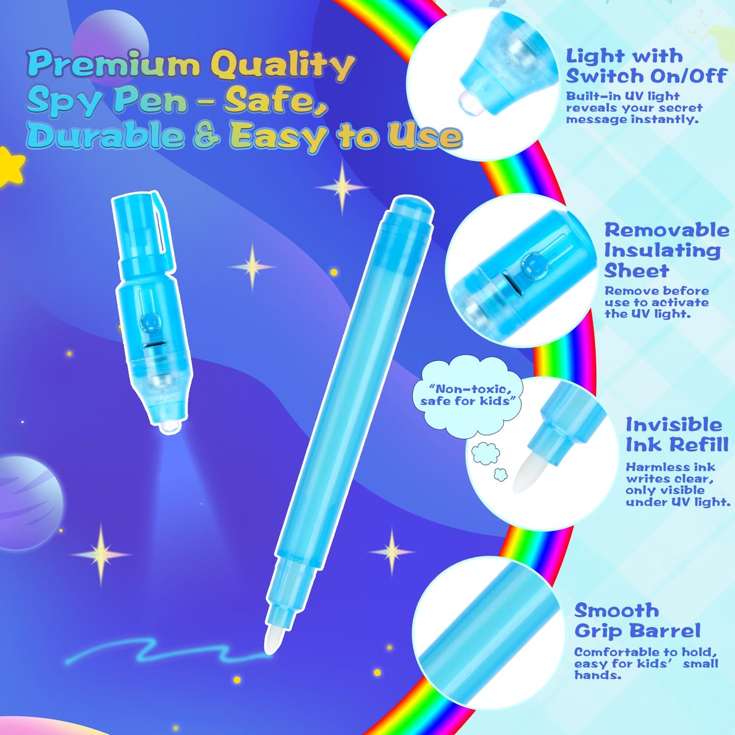 QANIY 48PCS Invisible Ink Pen with UV Black Light Party Favor for Kids, Magic Marker for Secret Messages, Writing Information for Birthdays, Easter, Halloween, for Students
