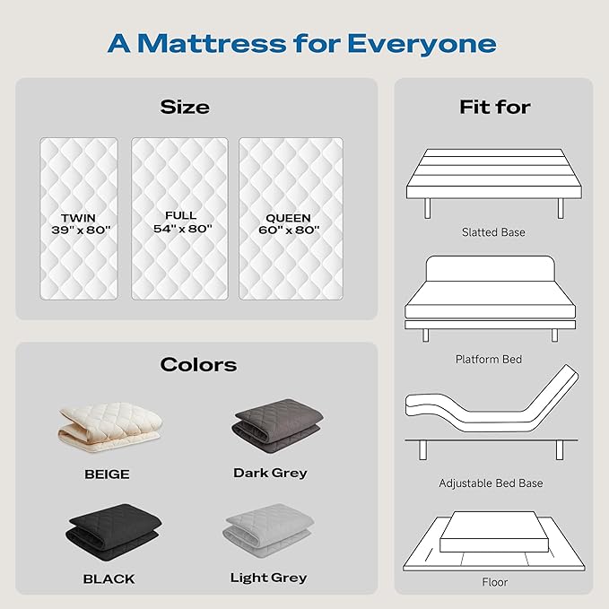 Aircliff Japanese Floor Futon Mattress Queen Size, Roll Up Tatami Mat, Sleeping Pad, Shikibuton, CertiPUR-US Certified Foam Floor Bed Mattress for Sleeping, Dormitory, Guest Bed, Designed in Japan