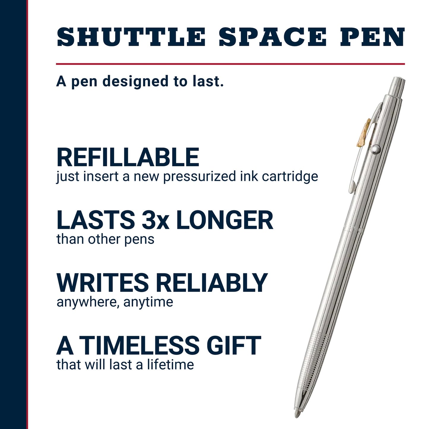 Fisher Space Pen Chrome Shuttle Pen, Pressurized Ballpoint Pen, Shuttle Emblem, Writes Upside Down and in Extreme Temperatures, Smooth Black Ink, Medium Point, Gift Box, Made in USA