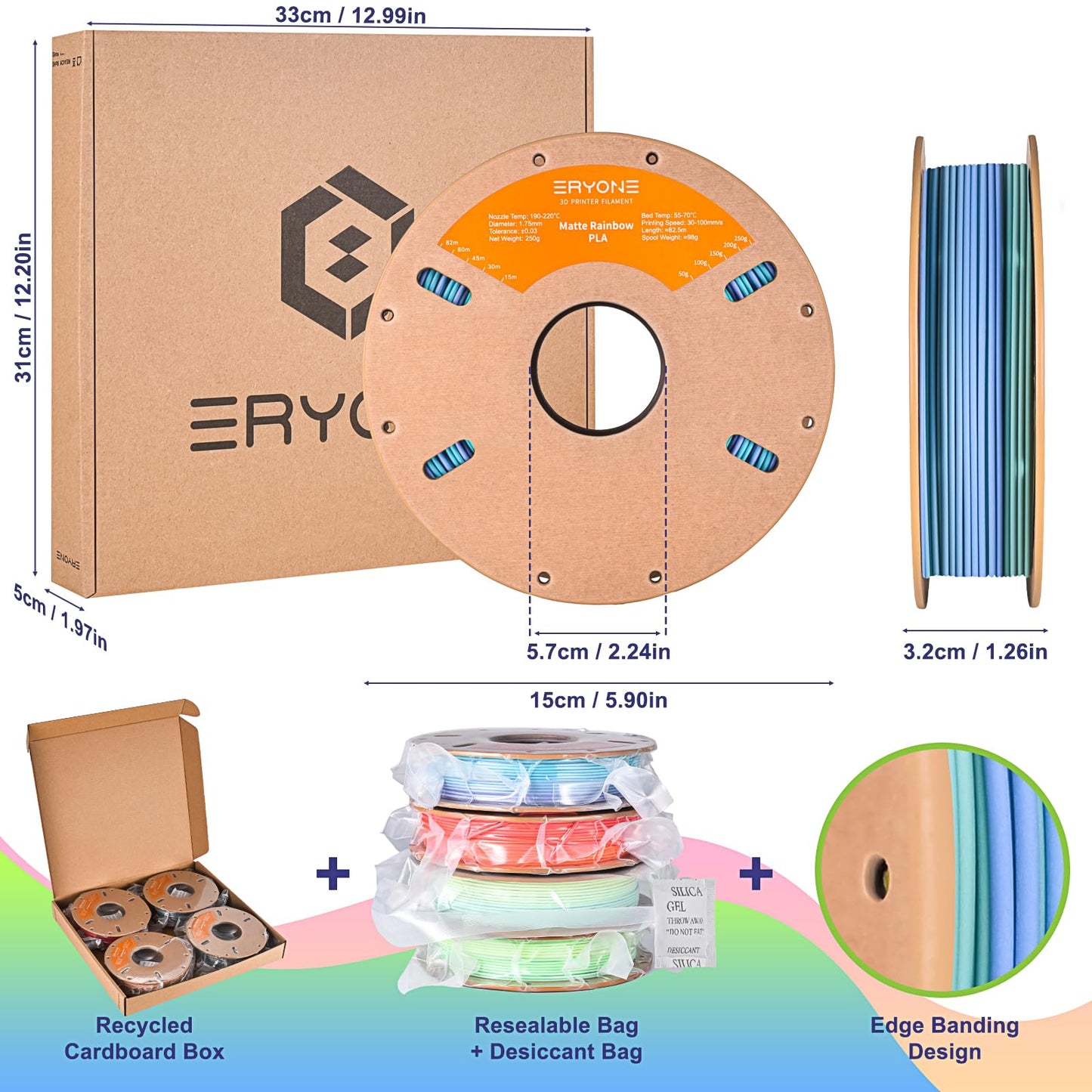 ERYONE Rainbow PLA Filament Bundle, 1.75mm +/-0.03 mm, Matte PLA Muti Color 3D Printer Filament 0.25kg/Spools, 4 Packs(2.2lbs), Matte Macaron, Watercolor, Dreamland, Maple Leaf