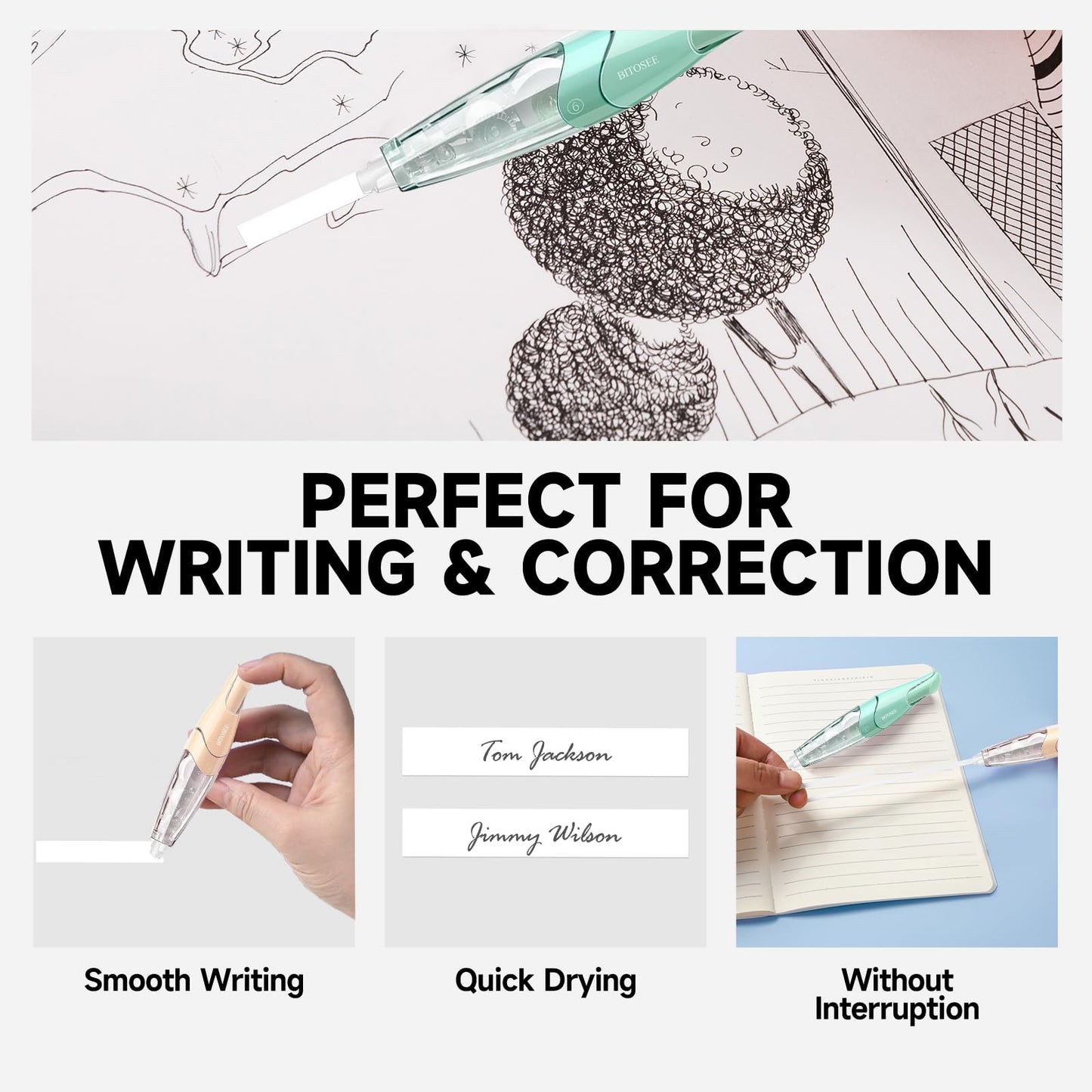 BITOSEE White Correction Tape, Retractable Refillable Correction Tape, With Smooth Pull Out Tape Applicator, Aesthetic Cute Correction Pen for Office Supplies