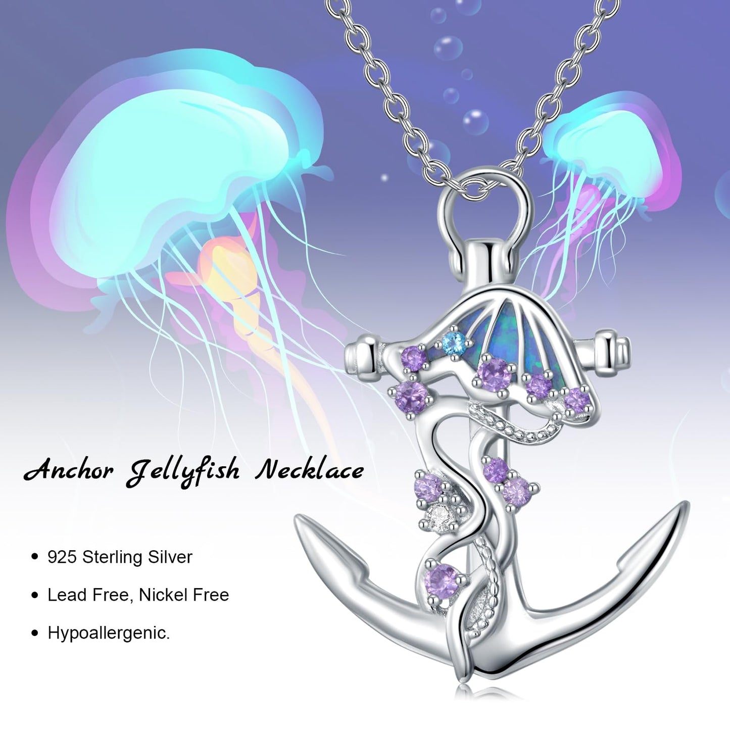 KoyeKei Jellyfish Necklace for Women 925 Sterling Silver Anchor Necklaces Jellyfish Nautical Pendant with Blue Opal Jewelry Christmas Graduation Gifts for Lover Her Mom Girlfriend