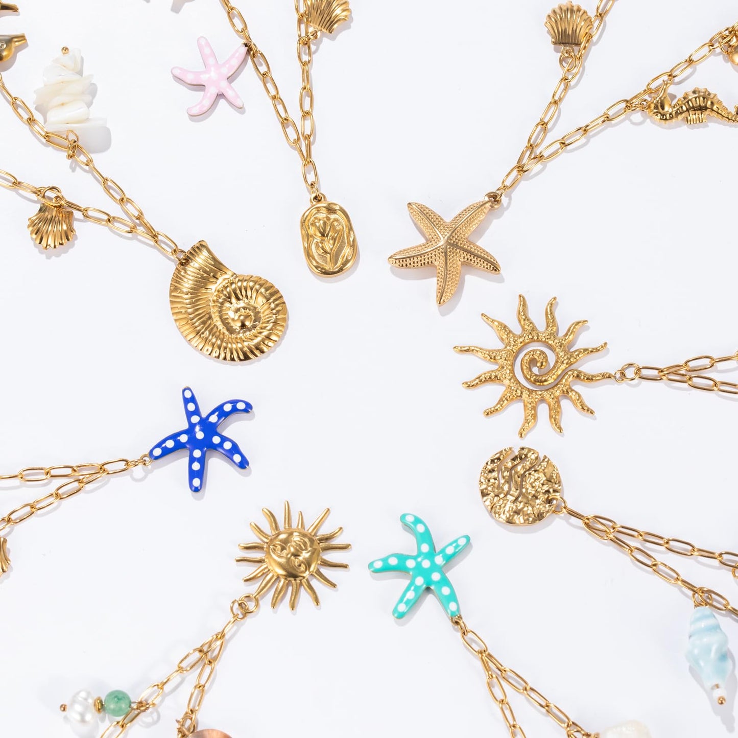 Chunky Gold Necklace Statement Boho Beach Ocean Summer Stainless Steel Jewelry Shell Starfish Turquoise Dolphin Pearl Sun Flower Wave Heart Fish Charm Choker Necklaces for Women(Blue Starfish)