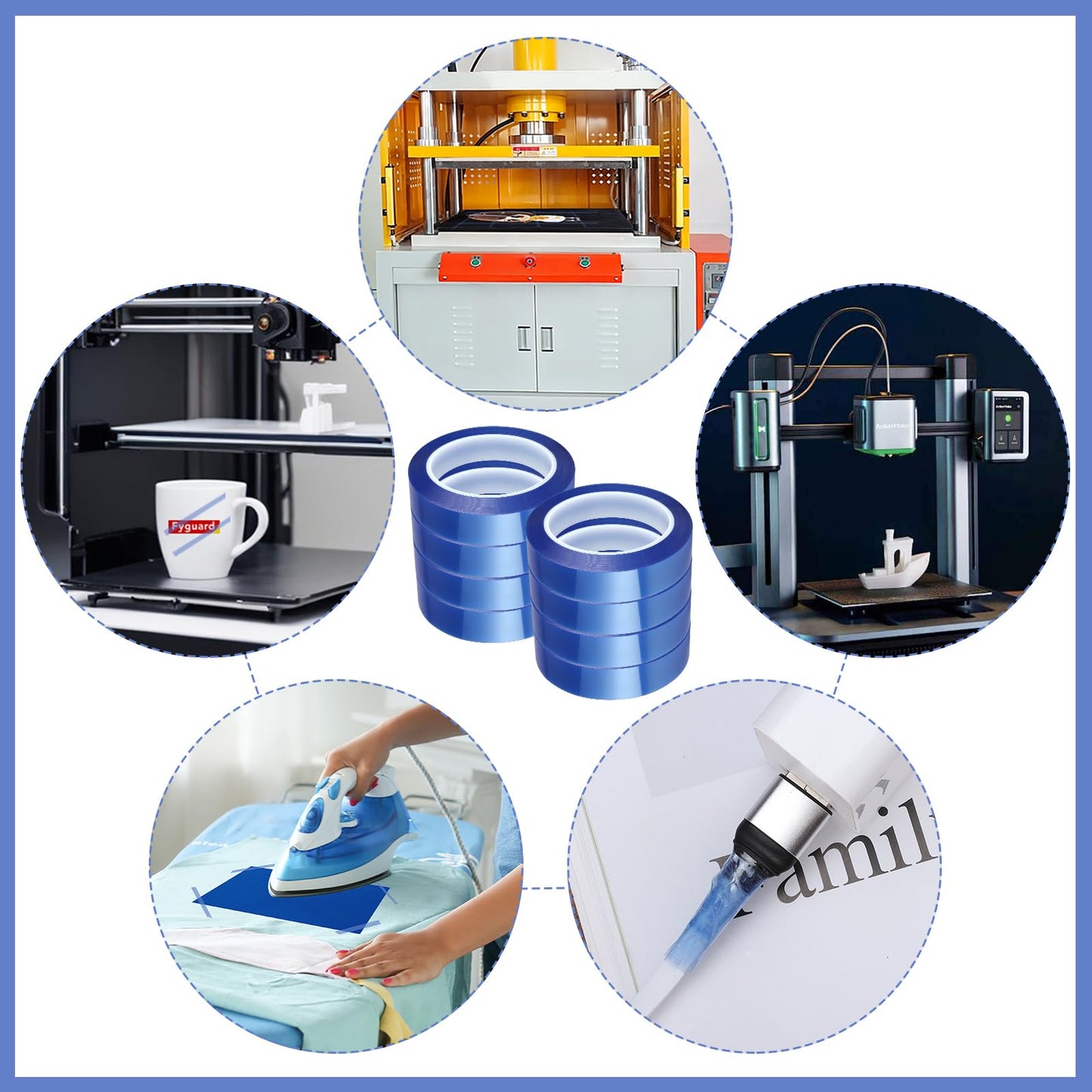 Fyguard 8 Rolls 20mm × 30m (98ft) Blue Sublimation Tape Heat Transfer Tape, Heat Resistant Tape for Sublimation Printer Electronic Soldering, No Residue