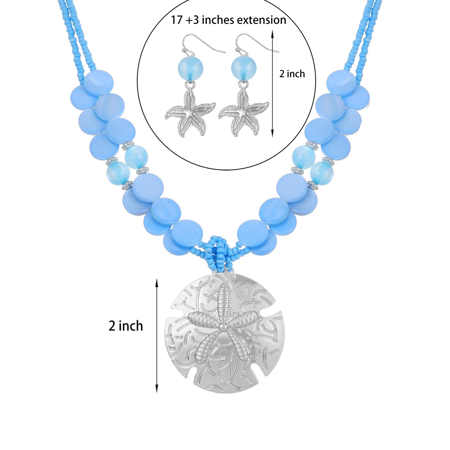 Perla Boho Starfish Necklace for Women, Chunky Layered Shell Beads Choker Necklace and Earrings Set, Ocean-Themed Summer Beach Jewelry (Light blue)