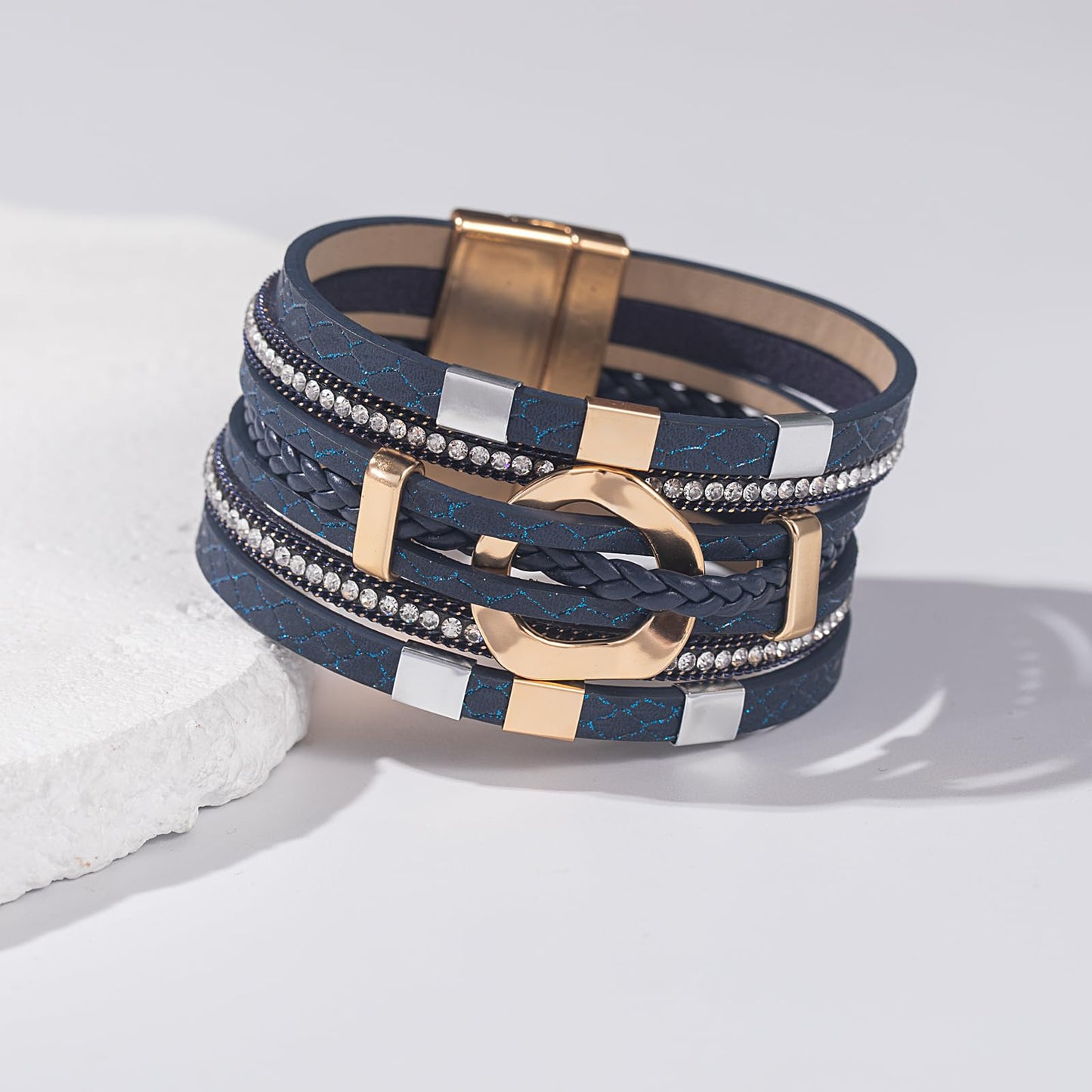 FANCY SHINY Boho Leather Wrap Bracelets Circle Square Bead Braided Handmade Stackable Bracelet Trendy Cuff Bangle for Women(Blue)