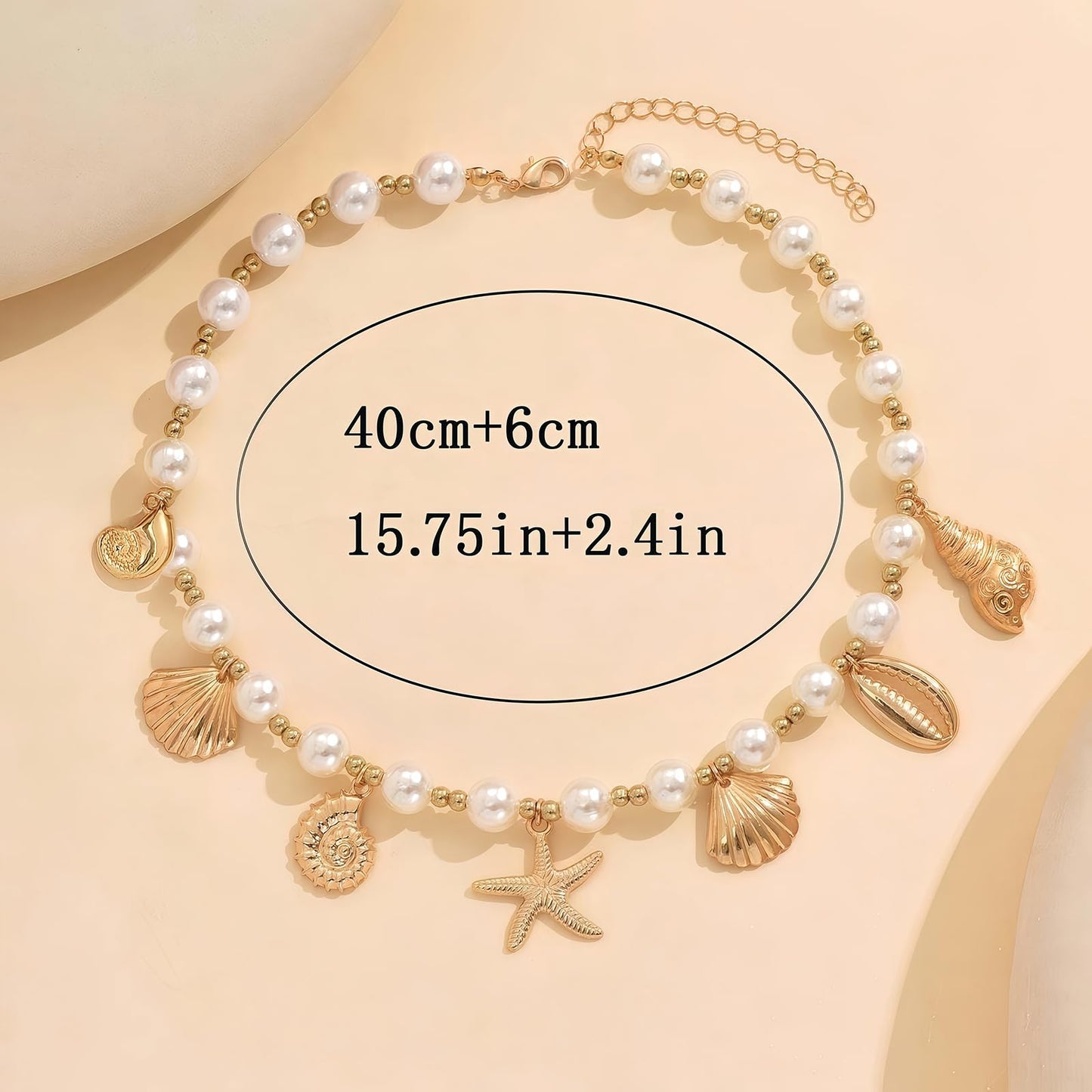 Shell Starfish Necklace for Women, 14k Gold Plated Boho Layered Beaded Charm Pendant Necklace, Dainty Adjustable Pearl Conch Summer Beach Vacation Jewelry Gifts(Pearl Charm)