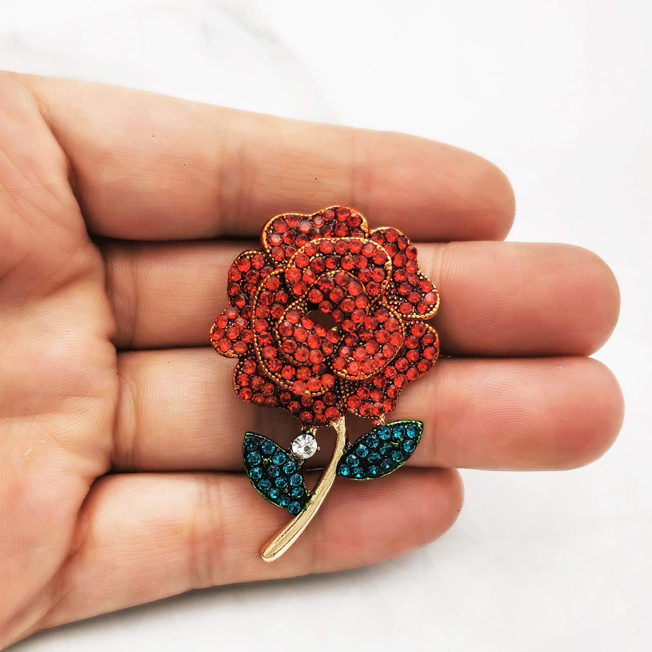 YOQUCOL Elegant Cubic Zirconia Crystal Bright Rhinestone Red Rose Shape Brooch Pins for Women