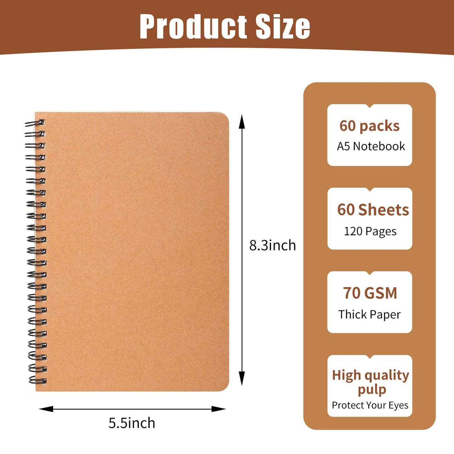 miikoul 60 Packs A5 Spiral Lined Notebooks, Kraft Paper Cover, 8.3"×5.5", 60 Sheets/120 Pages, Ruled Notebooks Bulk, Hardcover Journal Notepad Travel Notebooks for Office and Back to School Supplies