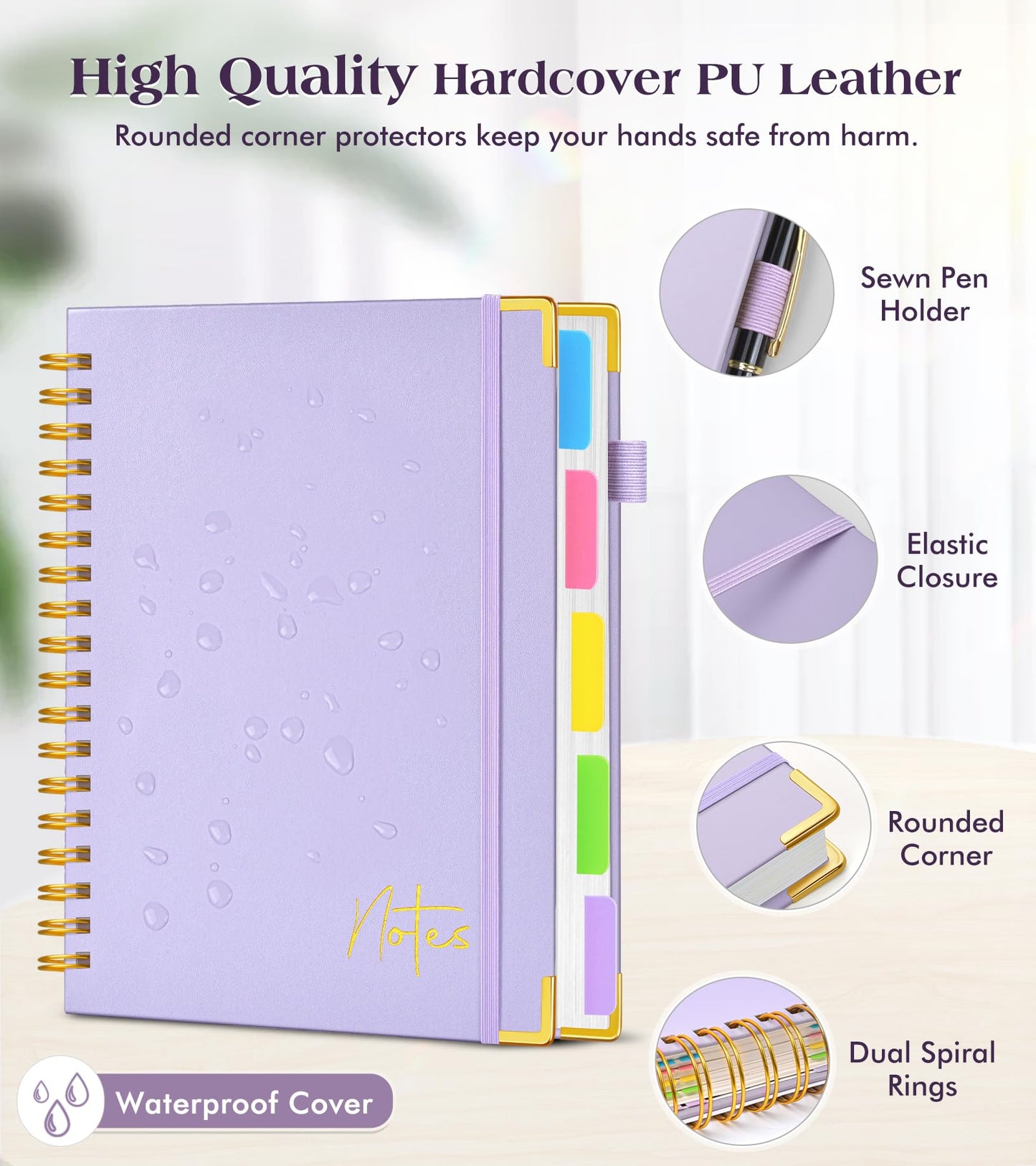 Spiral Notebook Journal with Removable Dividers Tabs, 300 Pages Hardcover Leather 5 Subject College Ruled Notebook, 8"x10" Large B5 Lined Journal for Women Men, Spiral Notebooks for Work School,Purple