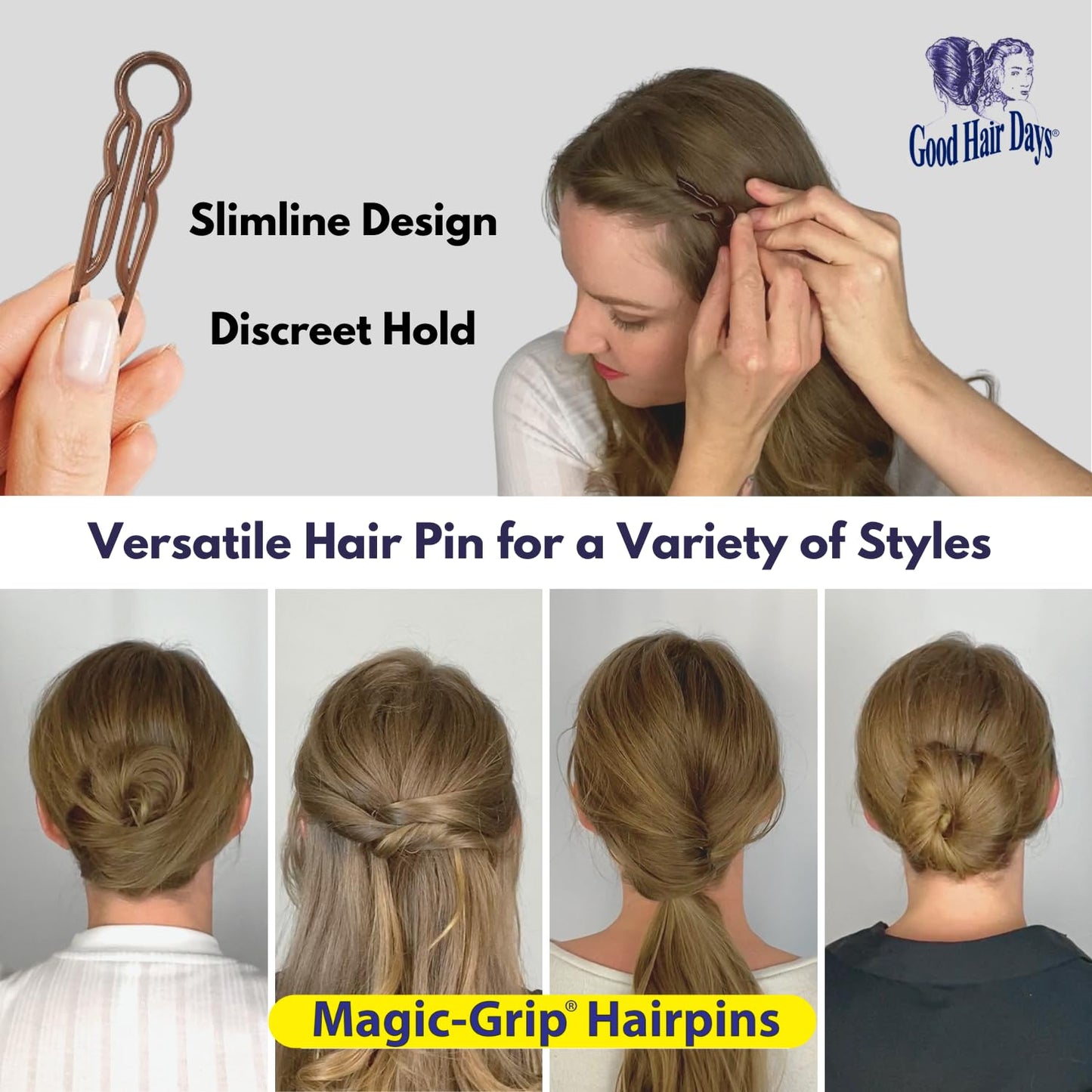 Good Hair Days Magic-Grip Hairpins - 2 1/2" U-Shaped Grip Hair Pins for Fine, Thick, Curly & Long Hair, Invisible Strong Hold Hair Styling Accessories, Set of 20, USA-Made (Crystal)