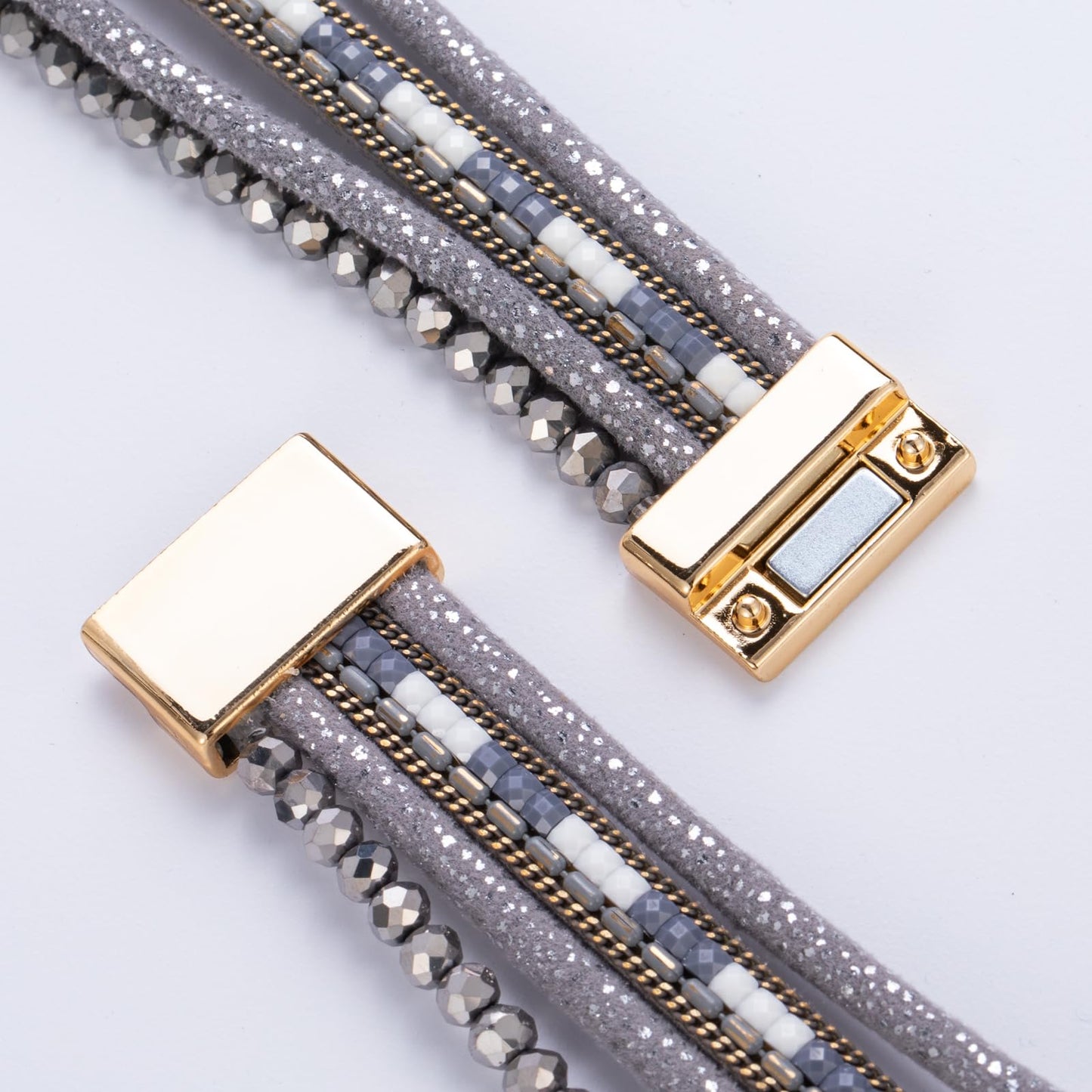 FANCY SHINY Leather Wrap Bracelets Crystal Beads Bracelet Boho Cuff Stone Charm Bracelets with Clasp Costume Jewelry for Women(Grey)