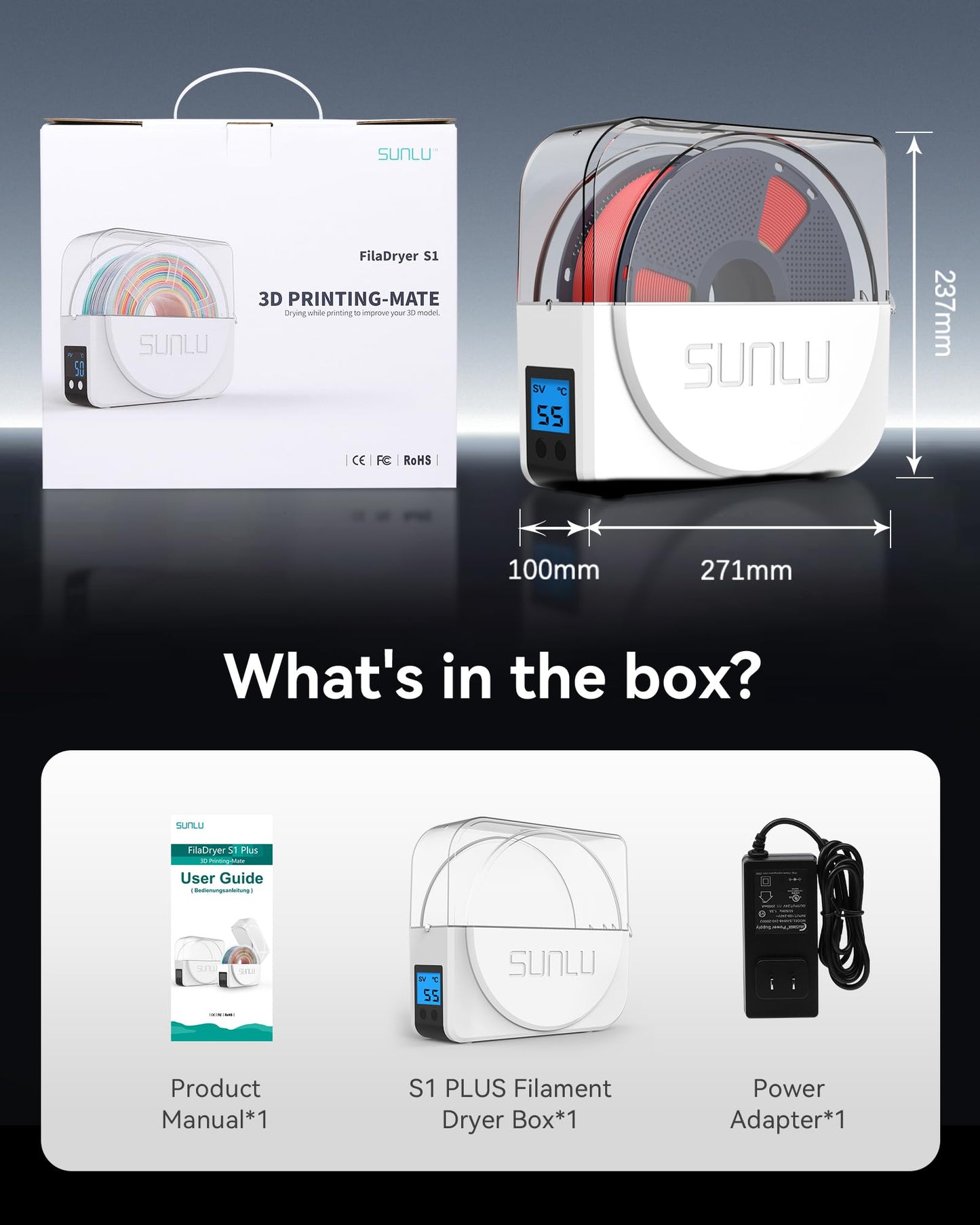 SUNLU Official Filament Dryer S1 Plus, Built-in Circulation Fan, Filament Dryer Box Storage Box for 3D Printer Filament 1.75 2.85 3.00, S1 Plus White