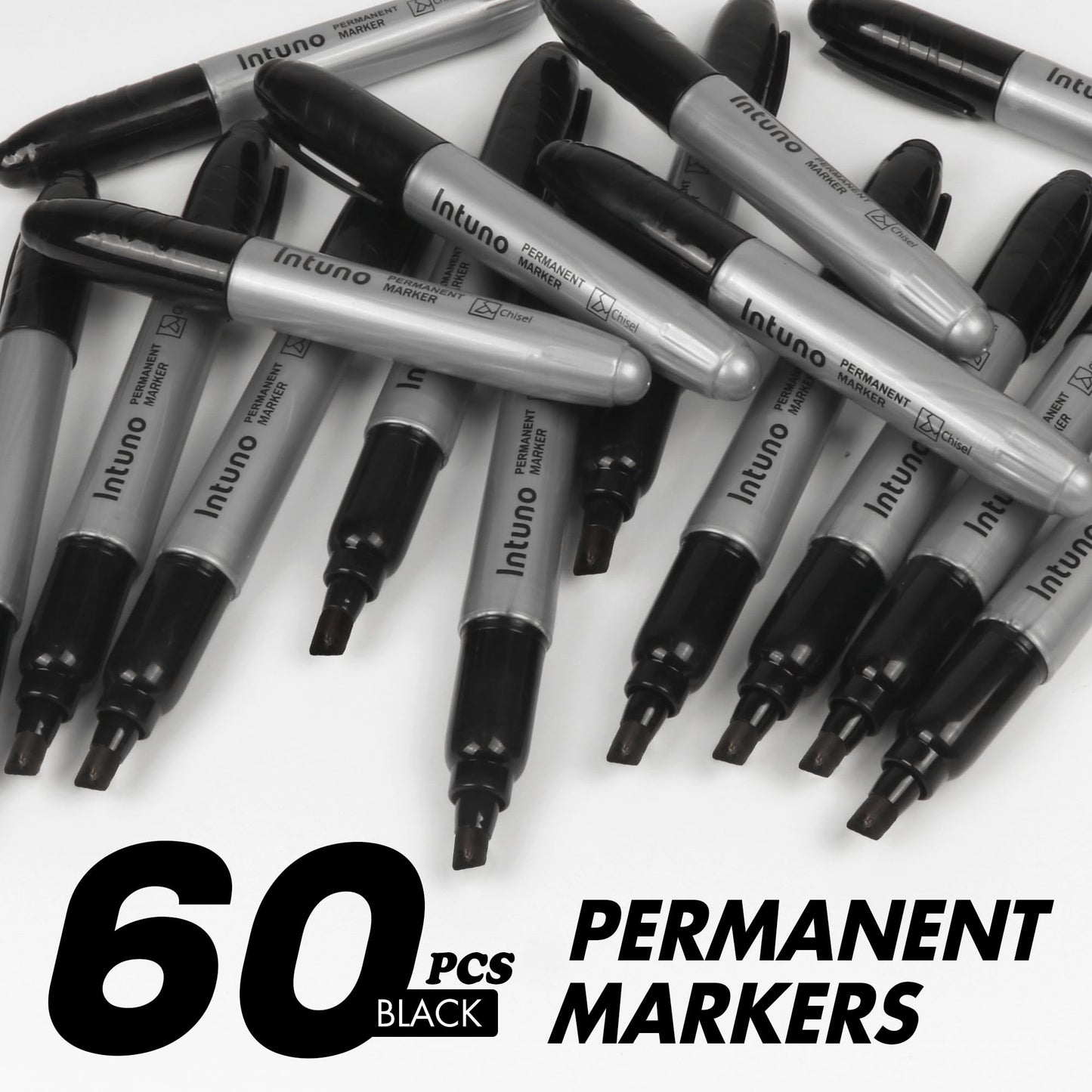 INTUNO Jumo Permanent Markers, 60 Count Black, Chisel tip, Oil-Based Permanent Markers, Waterproof and Fade-Resistant, for Paper, Wood, Metal, Glass and More