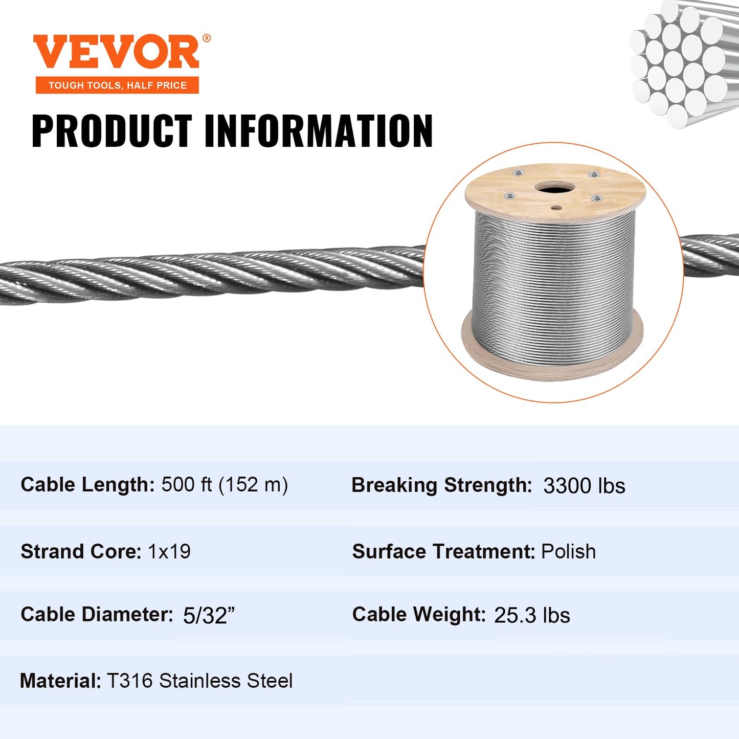 VEVOR 5/32 Stainless Steel Cable, 500FT T316 Wire Rope 1x19 Marine Grade Steel Cable for Deck Railing Brackets Handrail Stair DIY Balustrade