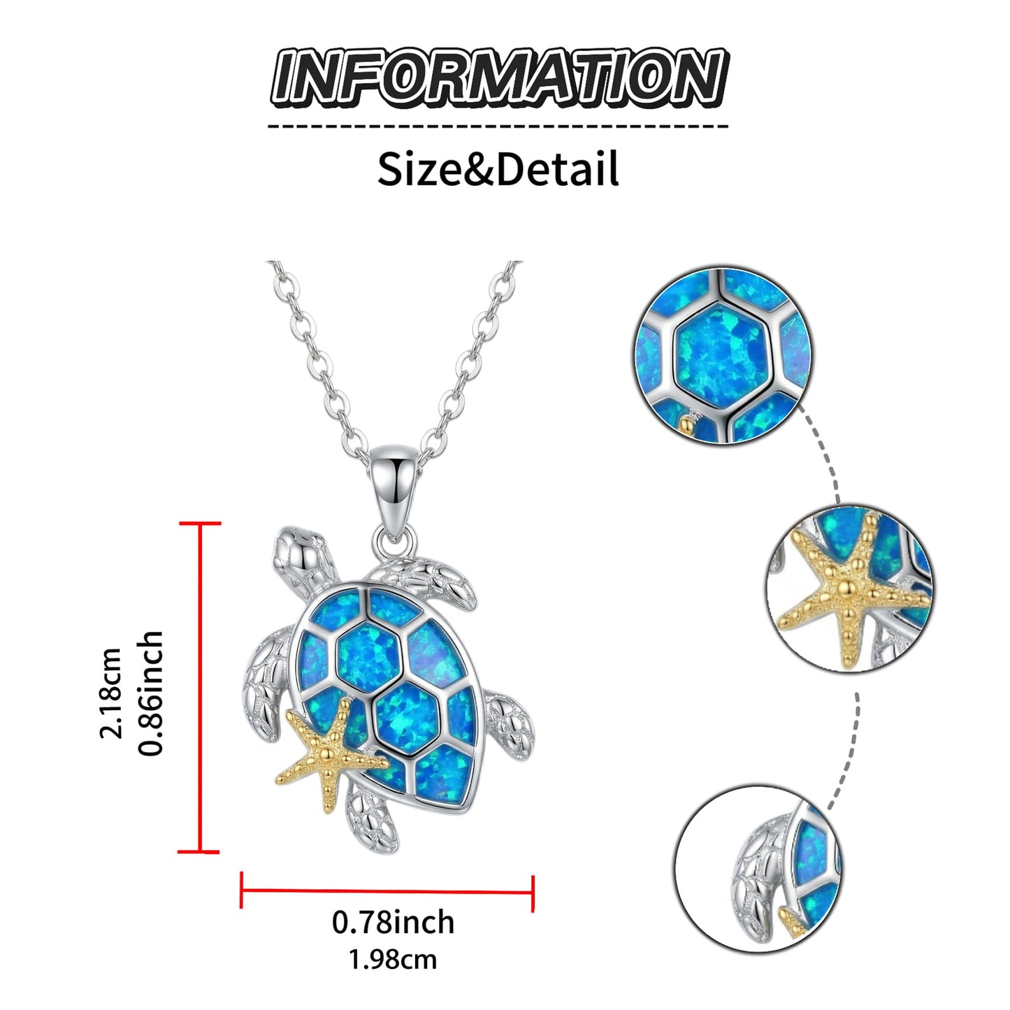HKPATOP Sea Turtle Necklace 925 Sterling Silver Blue Opal Starfish Pendant Necklace Beach Ocean Turtle Jewelry Gift for Women