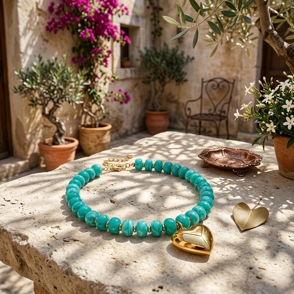 Frigotine Chunky Heart Necklace for Women, Blue Acrylic Resin Beaded Choker with Gold Puffy Heart Pendant, Y2K Boho Statement Jewelry Gift