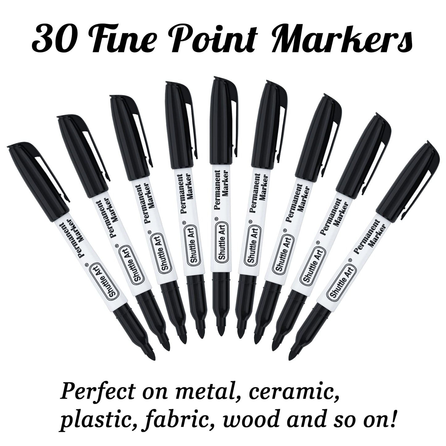 Shuttle Art Permanent Markers, 30 Pack Black Permanent Marker set, Fine Point, Works on Plastic, Wood, Stone, Metal and Glass for Doodling, Marking