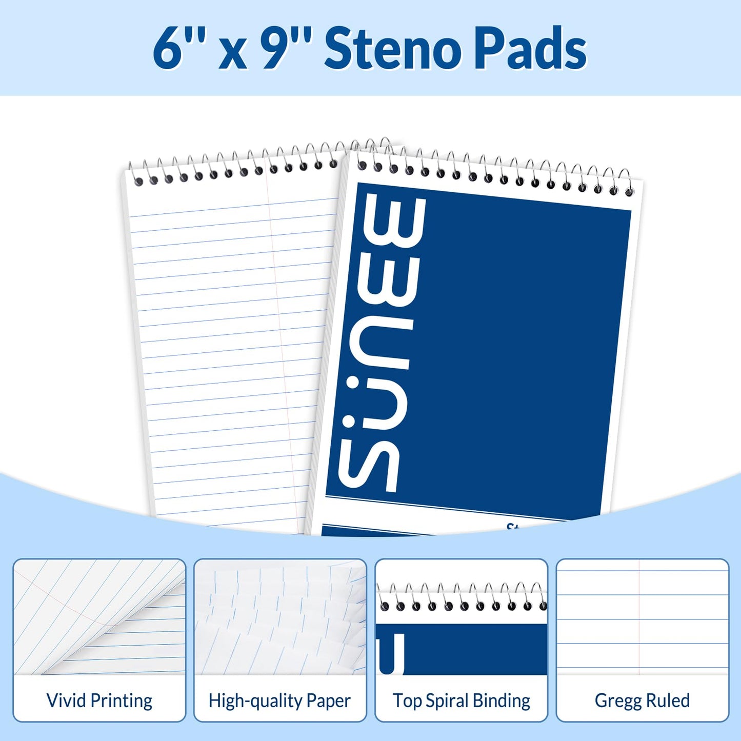 SUNEE 10 Pack Steno Pads 6x9, Gregg Rule, 60 Sheets, Spiral Notebook 6x9, White Paper, Take Notes with Top Spiral Notebook, for School, University, College, Work, Office, Classic Color